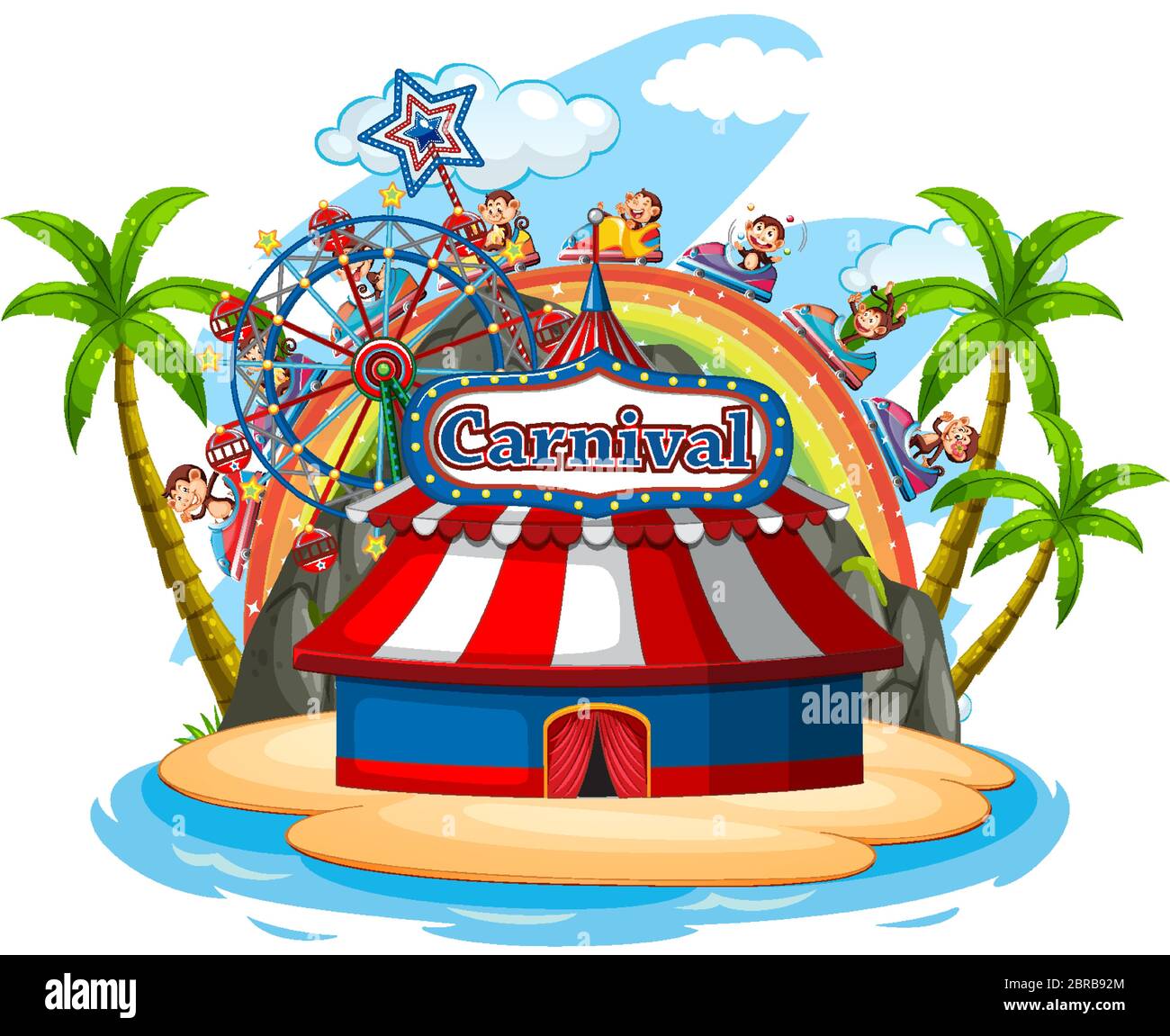 Scena con scimmie che cavalcano su carri su sfondo bianco illustrazione Illustrazione Vettoriale