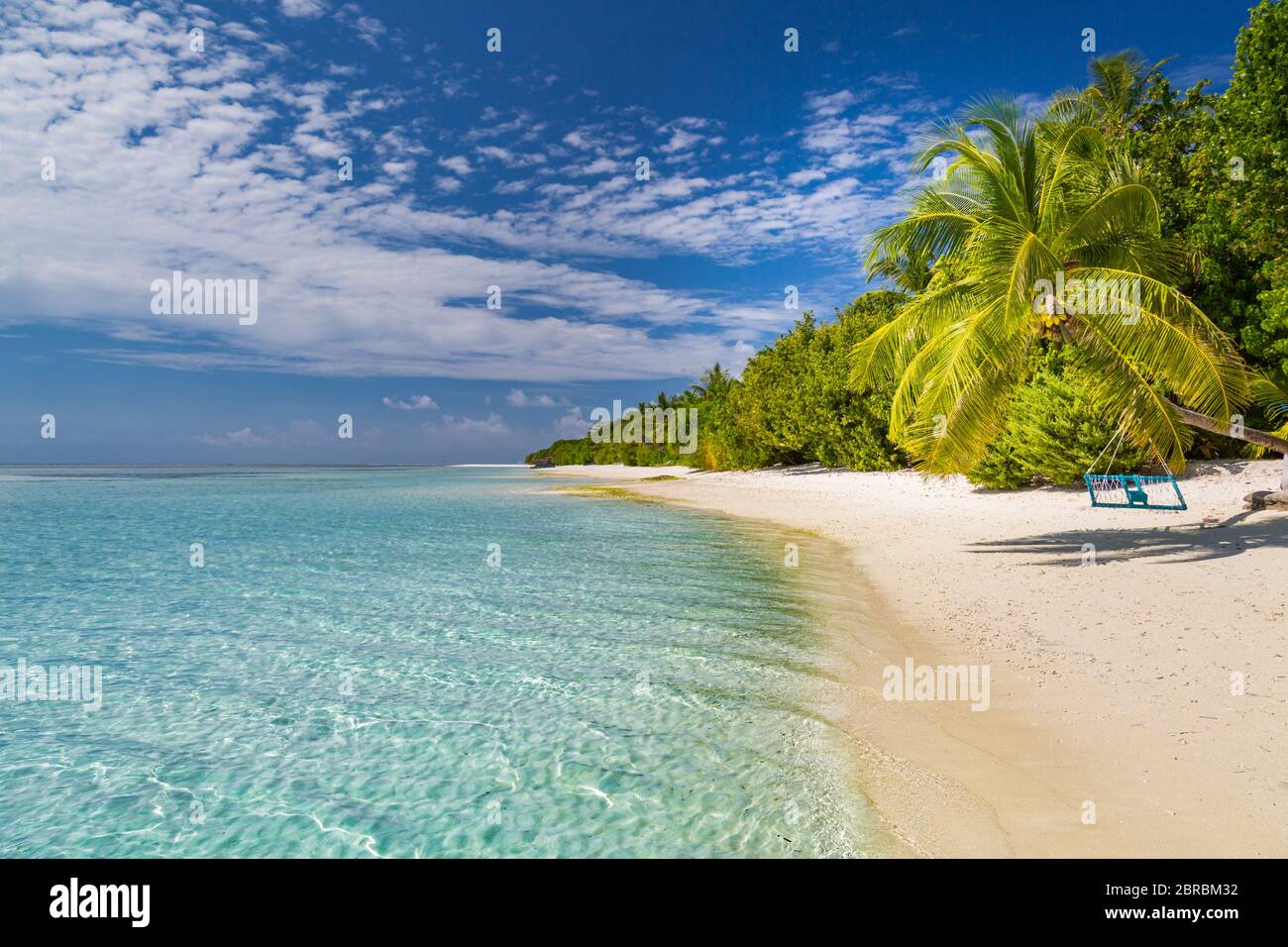 Belle palme da spiaggia, cielo di luna. Concetto di background per le vacanze estive. Maldive paradiso esotico spiaggia. Vacanza estiva di lusso Foto Stock