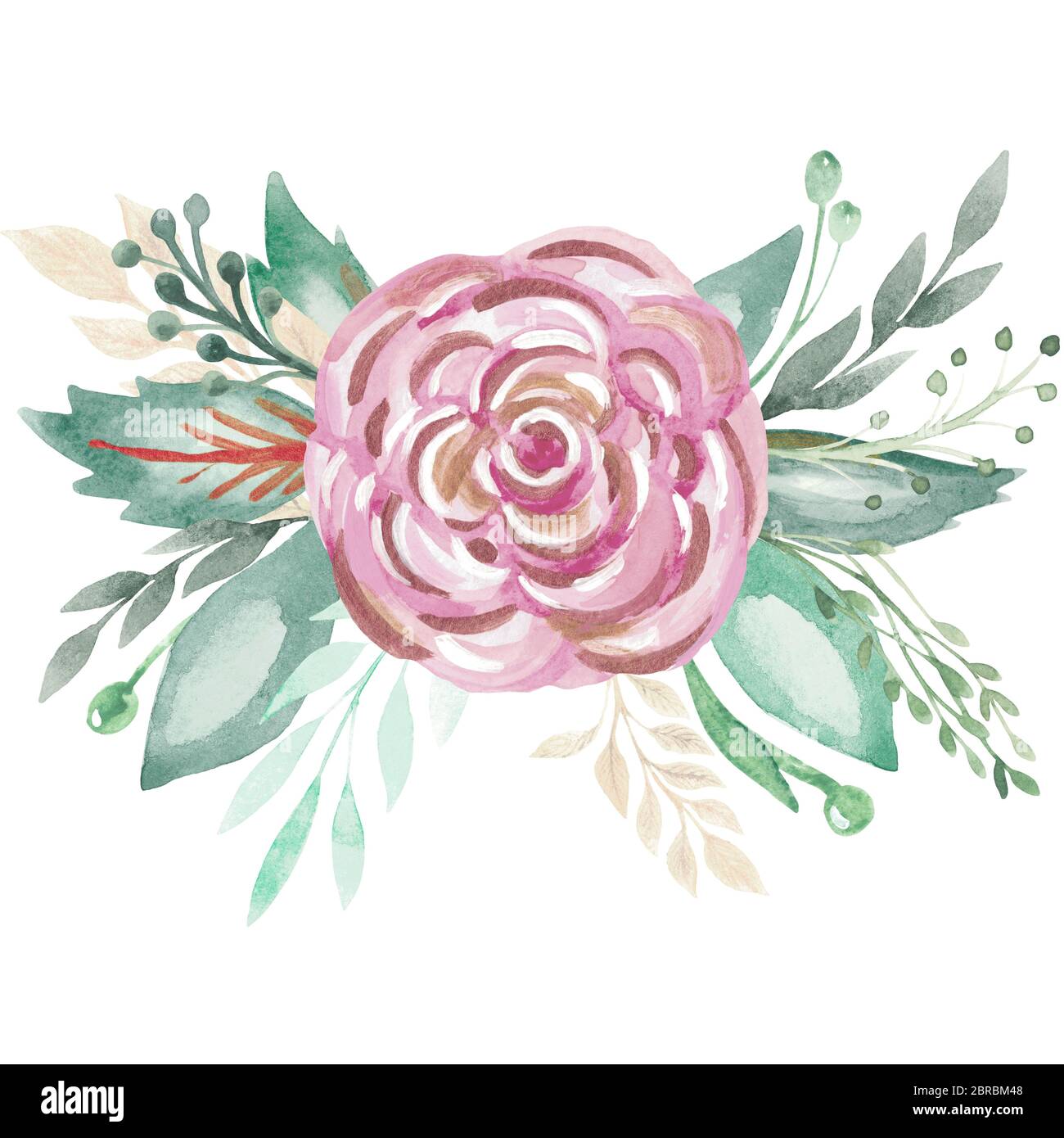 Sistemazione botanica foglie di rosa rami stile rustico. Acquerello illustrazione bouquet floreale per decorazione di biglietti di invito di nozze Foto Stock