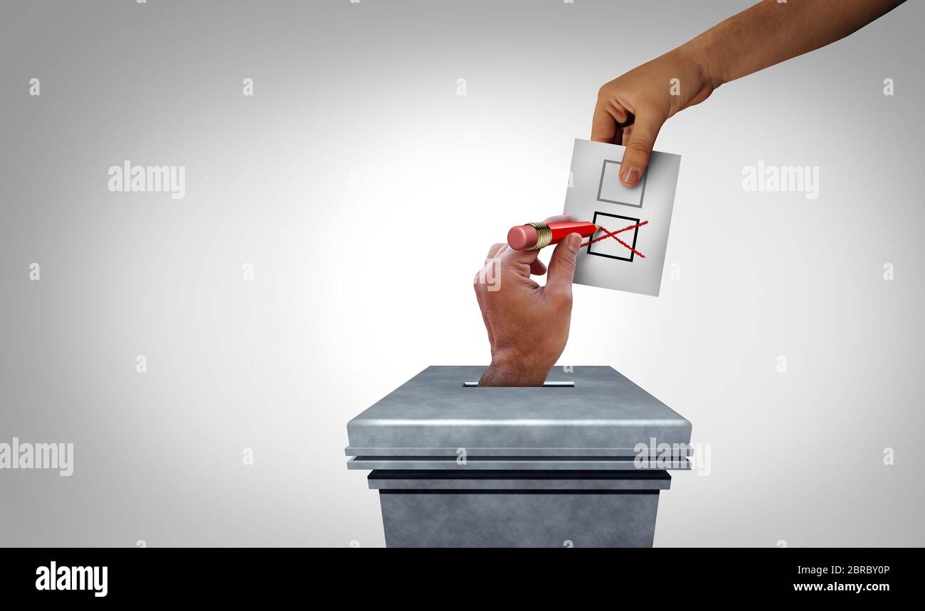 Frode elettorale e di voto che rigetta o crimine elettorale come una mano rubando voti come attività elettorale illegale con elementi di illustrazione 3D. Foto Stock