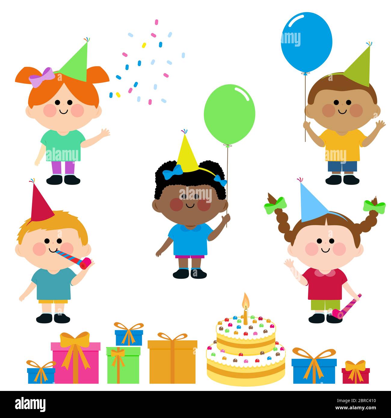 Gruppo di bambini con cappelli da festa, palloncini, scatole con regali e  una torta di compleanno Foto stock - Alamy