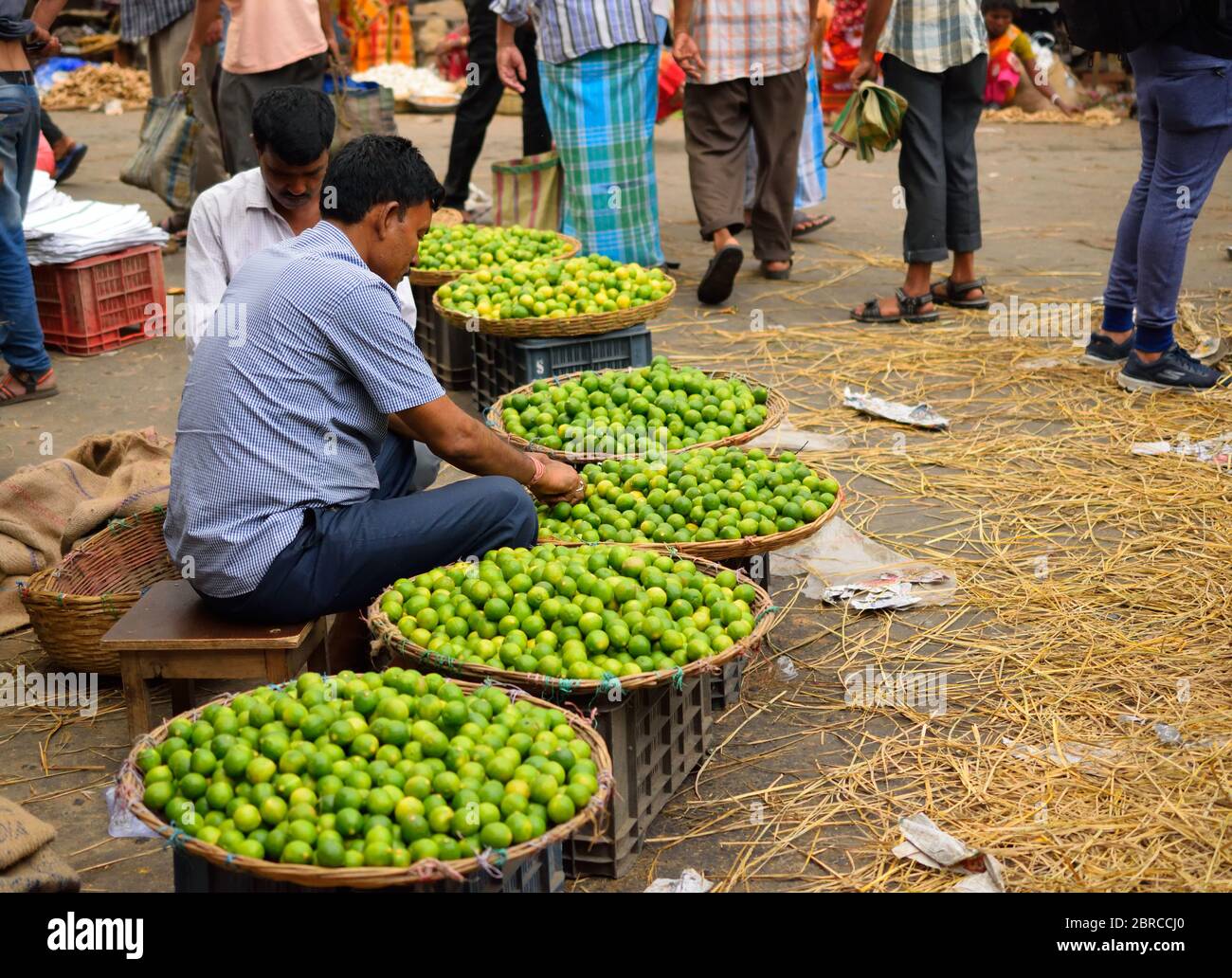 Un venditore di strada che vende limone nel mercato. Foto Stock