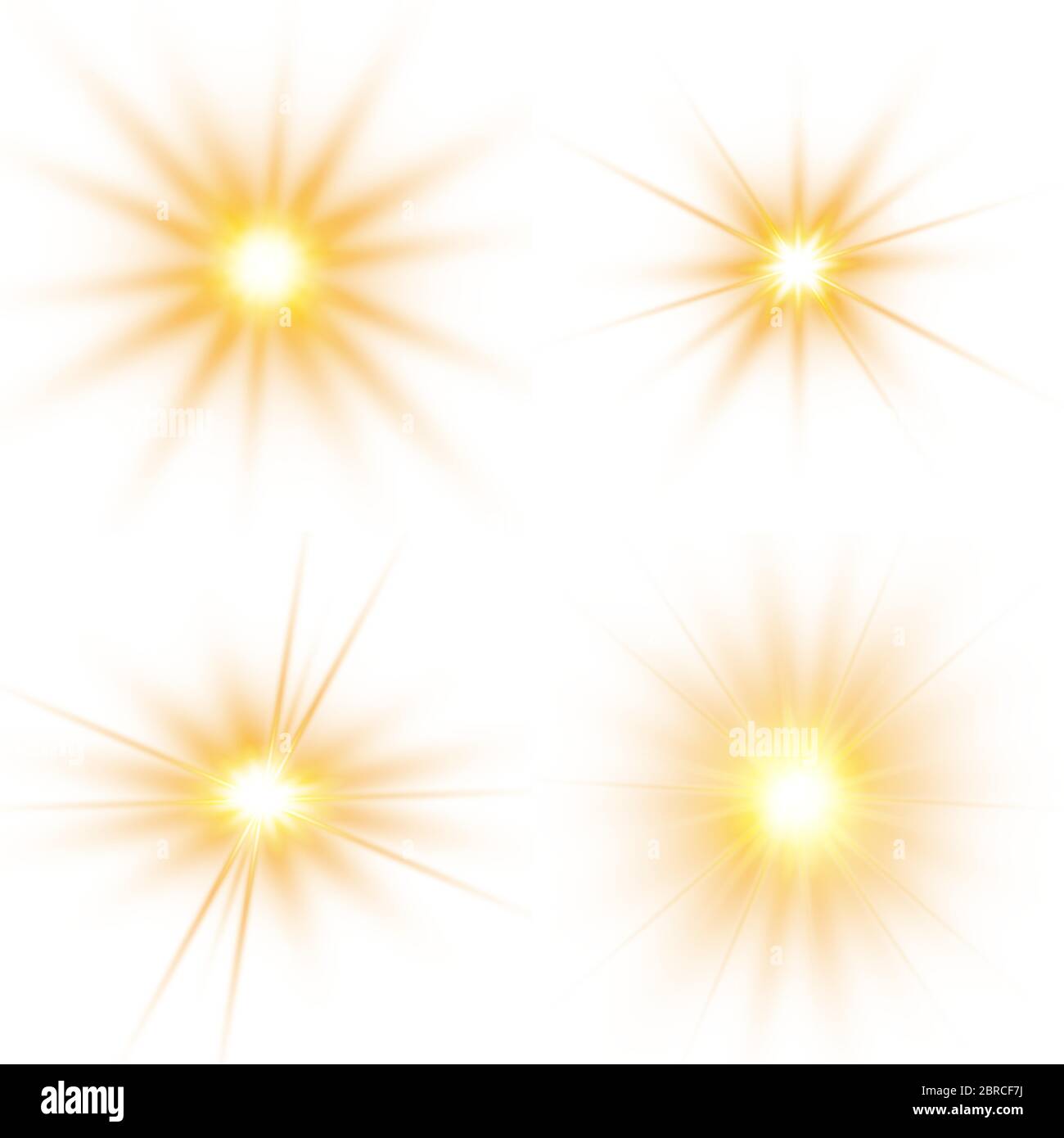 Insieme di stelle luminose. Luce solare traslucida effetto luminoso su sfondo bianco. Illustrazione vettoriale. Illustrazione Vettoriale