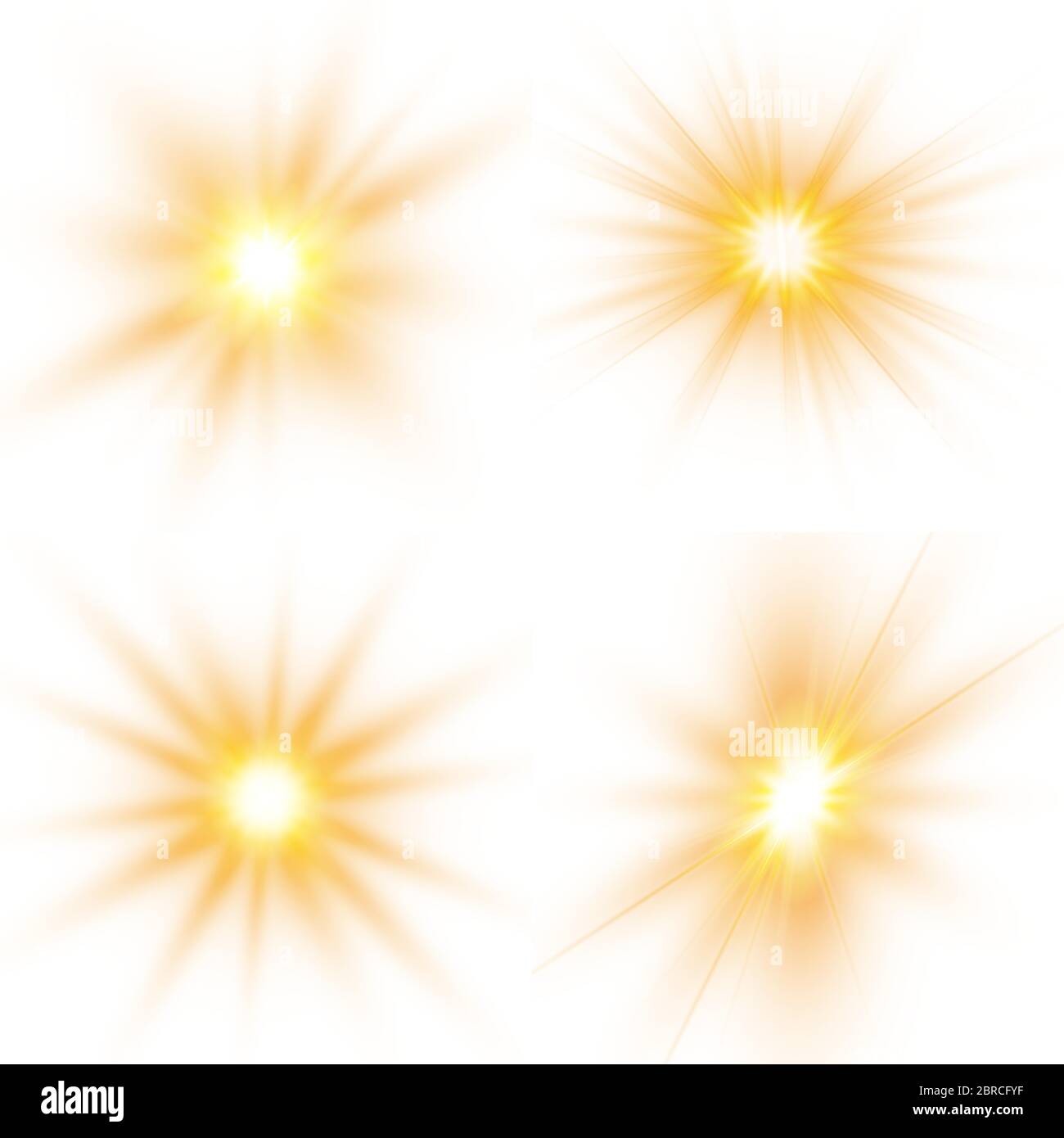 Insieme di stelle luminose. Luce solare traslucida effetto luminoso su sfondo bianco. Illustrazione vettoriale. Illustrazione Vettoriale