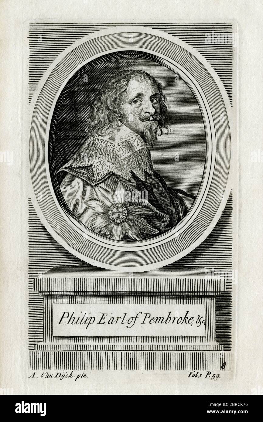 Philip Herbert (1584-1650), 4th conte di Pembroke, le cui simpatie puritane lo hanno spinto a sostenere il Parlamento durante la guerra civile inglese e che è stato reinstallato come Cancelliere dell’Università di Oxford dopo la vittoria del Parlamento. Incisione creata negli anni '1700s da George Vertue (1683-1756), dopo un ritratto di Sir Anthony van Dyck (1599-1641). Foto Stock