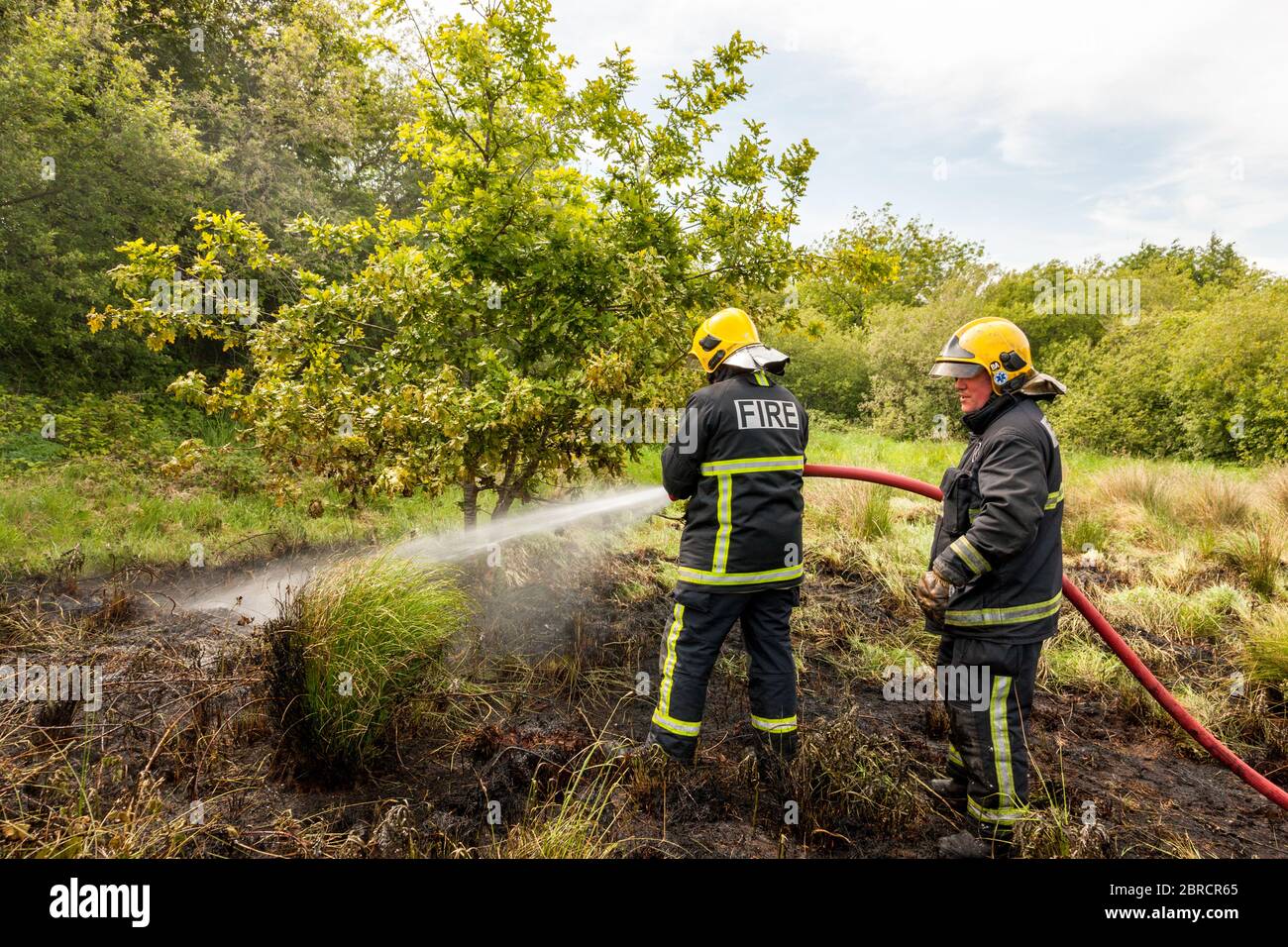 Carrigaline, Cork, Irlanda. 20 Maggio 2020. Due unità della brigata antincendio spengono un incendio di gola che si è svolto su un terreno di rifiuti fuori della città di Carrigaline, Co. Cork, Irlanda. - credito; David Creedon / Alamy Live News Foto Stock