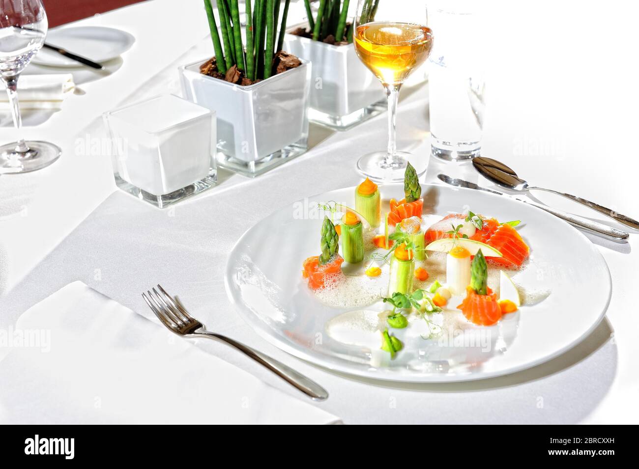 Guarnire il filetto di salmone, servito su coperchio bianco, portata principale, Germania Foto Stock