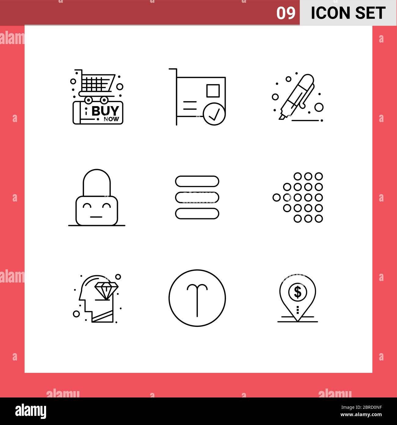 Moderno set di 9 contorni e simboli come parentale, blocco, hardware, controllo, evidenziatore elementi di disegno vettoriale editabili Illustrazione Vettoriale