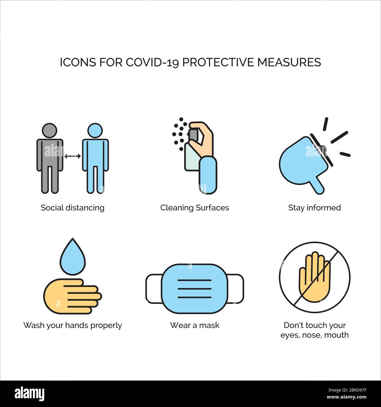 Set di icone delle misure protettive per il coronavirus Illustrazione Vettoriale