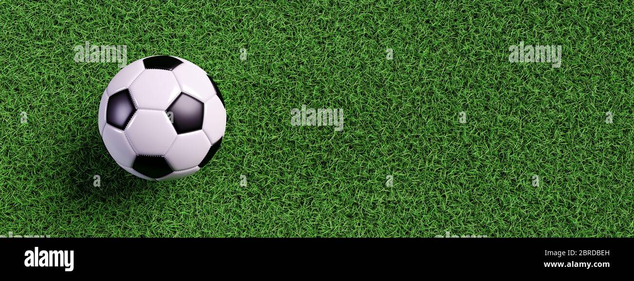 Illustrazione 3D della vista dall'alto dell'erba verde con il calcio di un campo o di un campo da gioco. Modello e concetto di trama Foto Stock