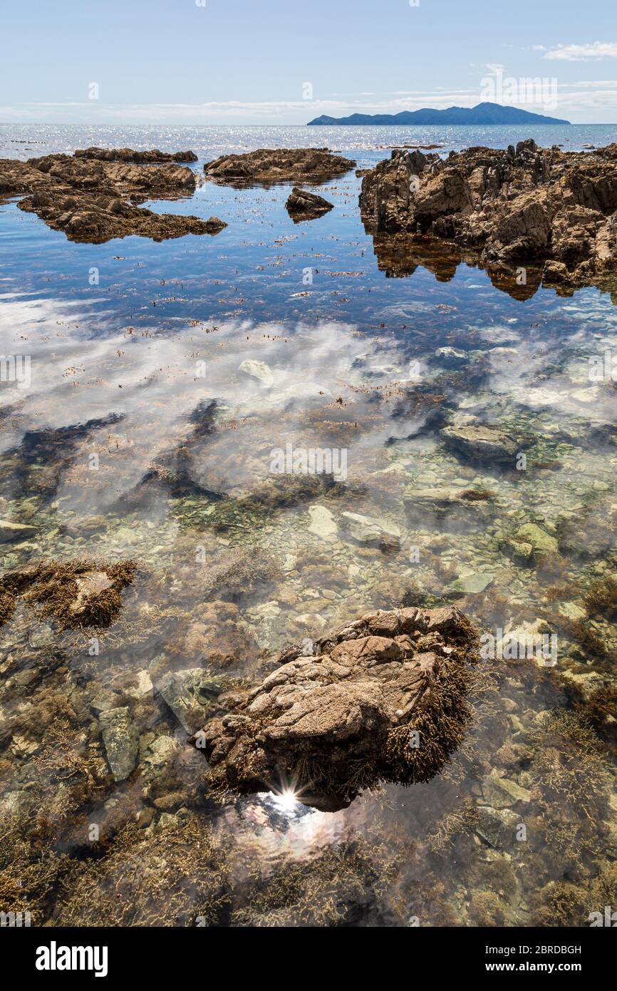 Pukerua Bay e Kapiti Island, Porirua, Wellington Region, Kapiti Coast, NorthIsland, Nuova Zelanda Foto Stock