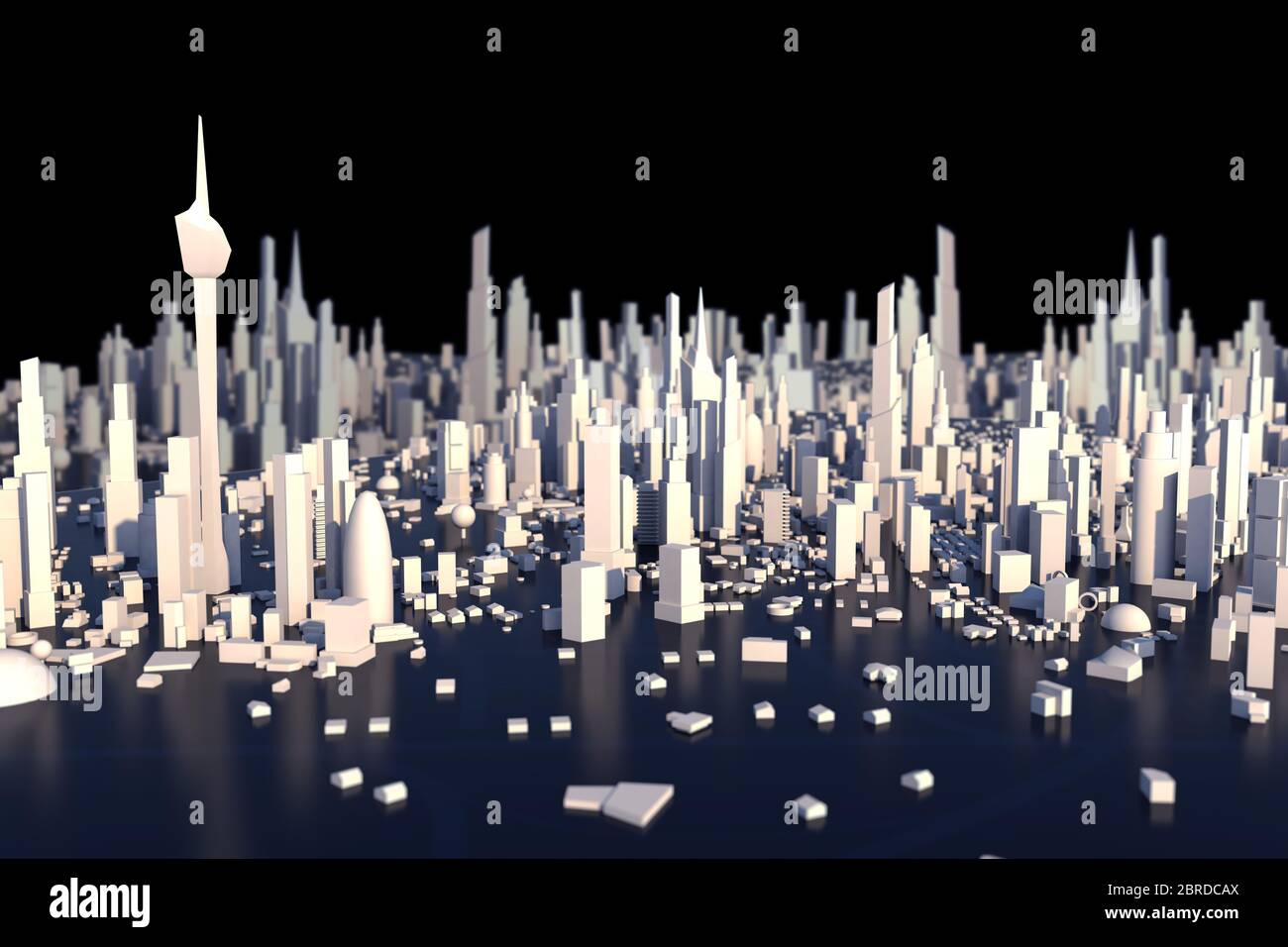 3D rendering di città bianca, paesaggio urbano con casa e strada con effetto di profondità di campo poco profonda Foto Stock