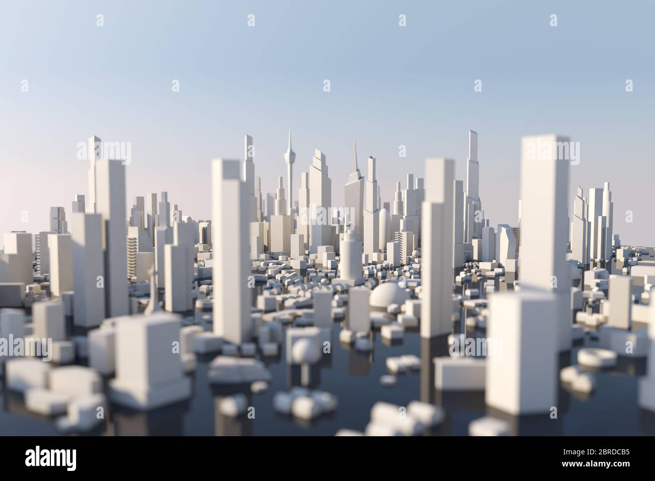 3D rendering di città bianca, paesaggio urbano con casa e strada con effetto di profondità di campo poco profonda Foto Stock