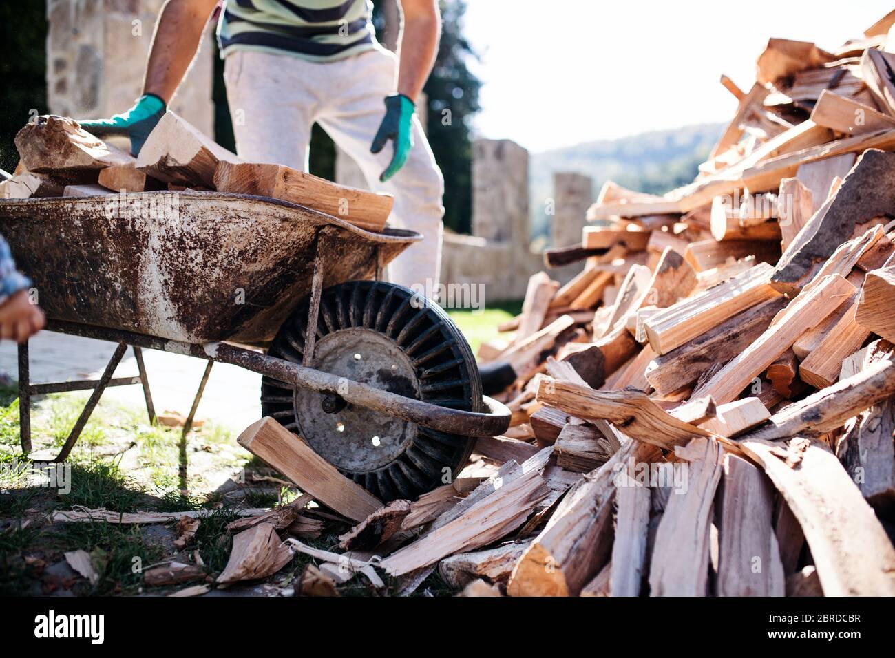 Uomo irriconoscibile all'aperto in estate, lavorando con legna da ardere  Foto stock - Alamy