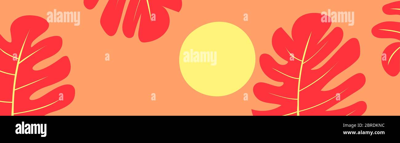Banner vettoriale colorato di un cielo soleggiato e alcune foglie tropicali d'estate. Illustrazione Vettoriale