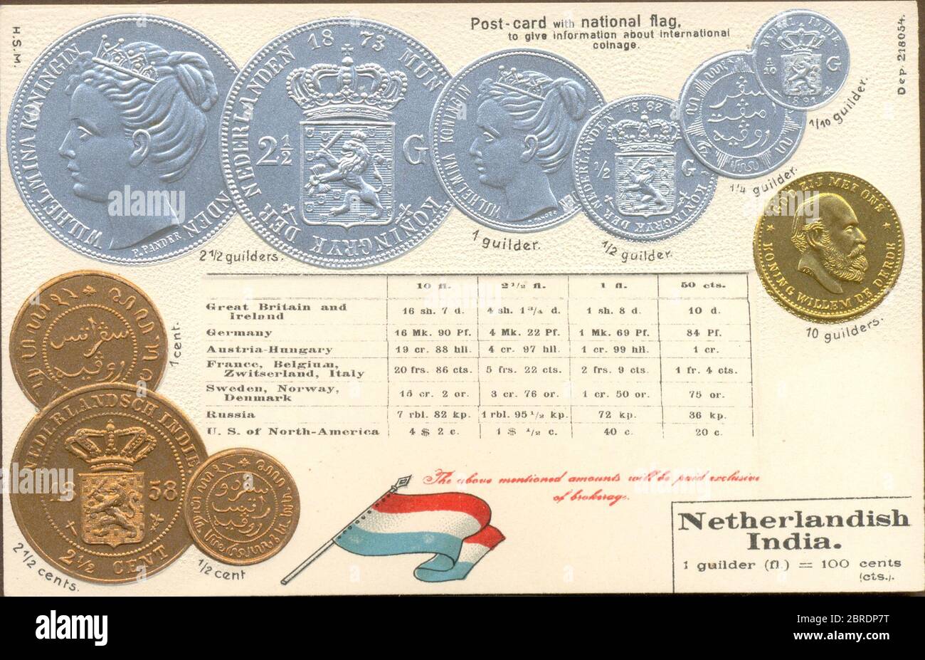 Cartolina con bandiera nazionale che mostra il conio per l'India olandese circa 1903 Foto Stock
