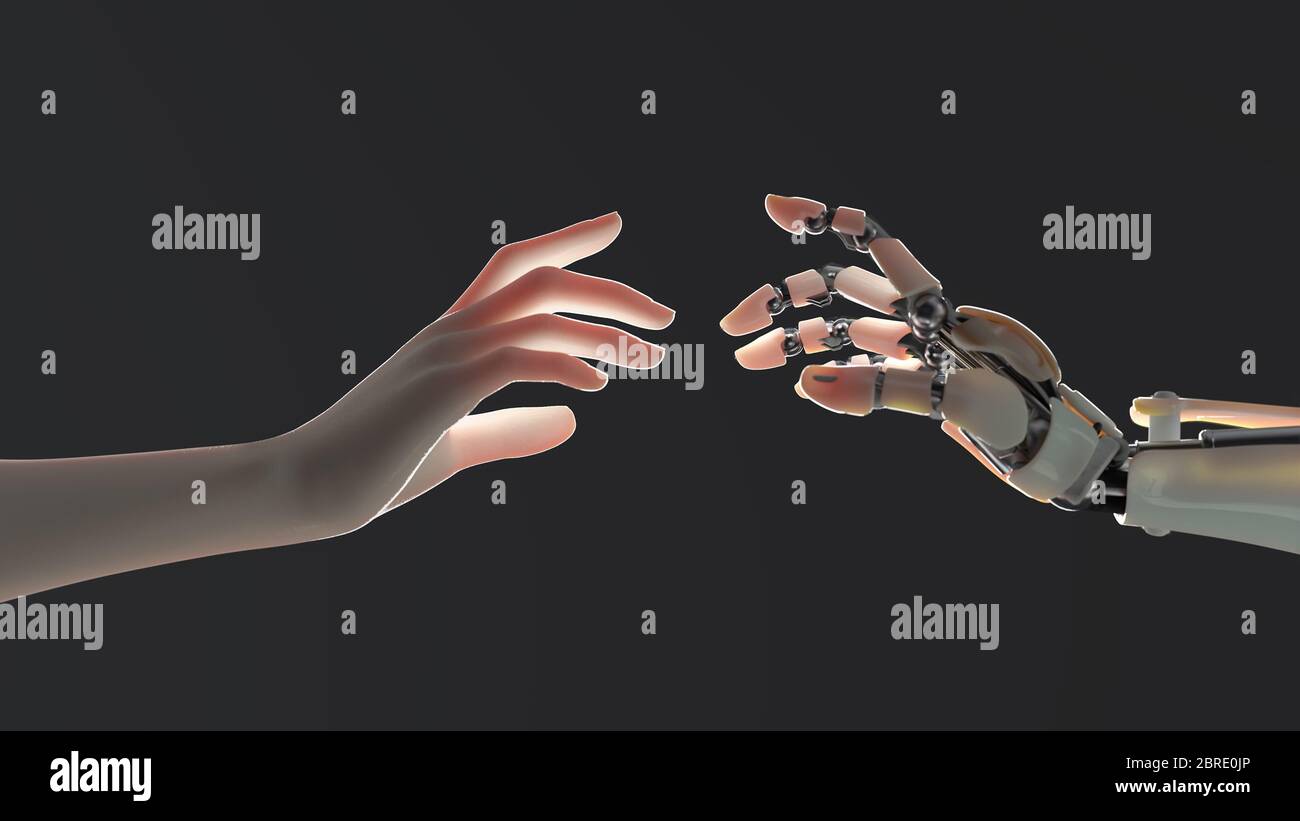 le mani di un robot e di un uomo tendono a vicenda Foto Stock