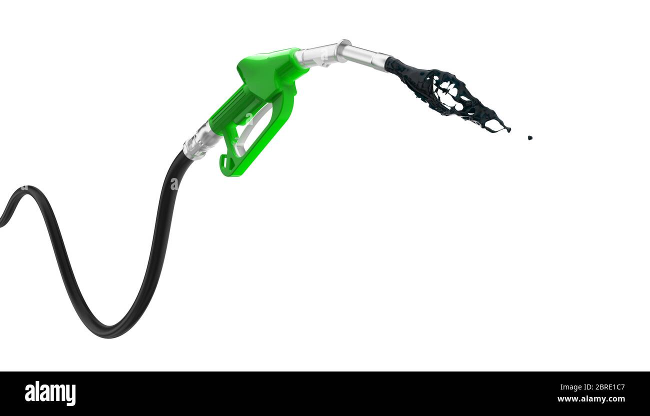 pompa della benzina verde da cui fuoriesce l'olio isolata su sfondo bianco. nessuno intorno. rendering 3d. Foto Stock
