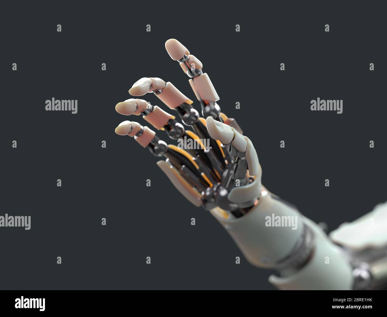 la mano del robot tocca lo schermo virtuale Foto Stock