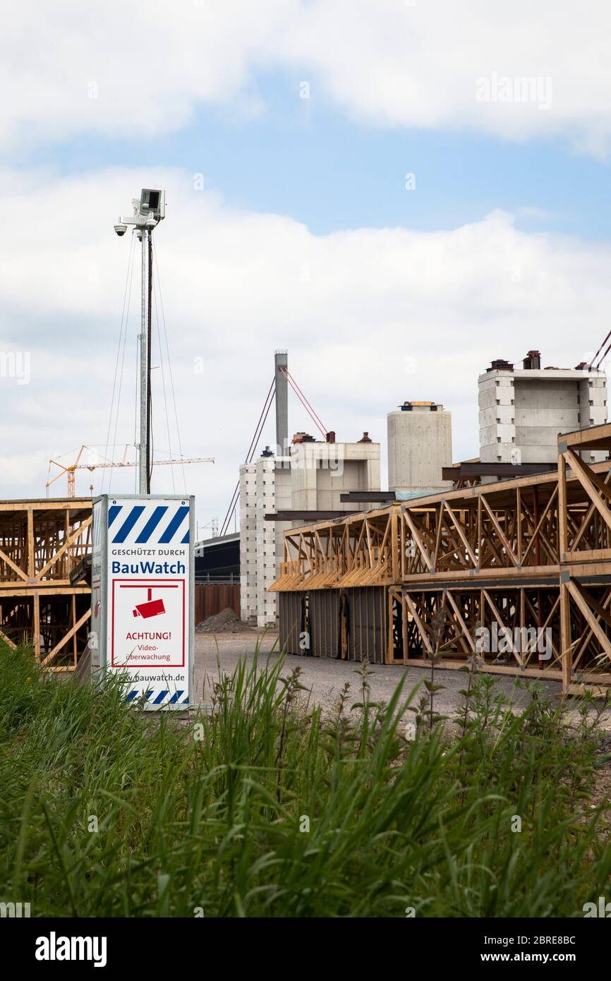 Cantiere del nuovo ponte sul Reno dell'Autobahn A1 tra Colonia e Leverkusen, telecamera di sorveglianza, Colonia, Germania. Baustelle d Foto Stock