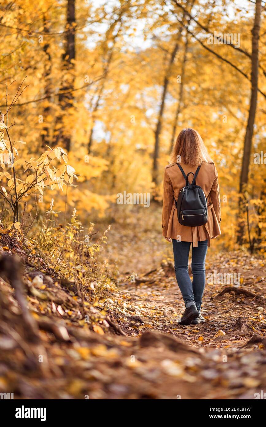 Donna in autunno parco, vista posteriore. Ragazza adulta che cammina via da sola sul sentiero nella foresta autunnale. Donna giovane solitaria con zaino in giacca autunnale. Bellissima Foto Stock