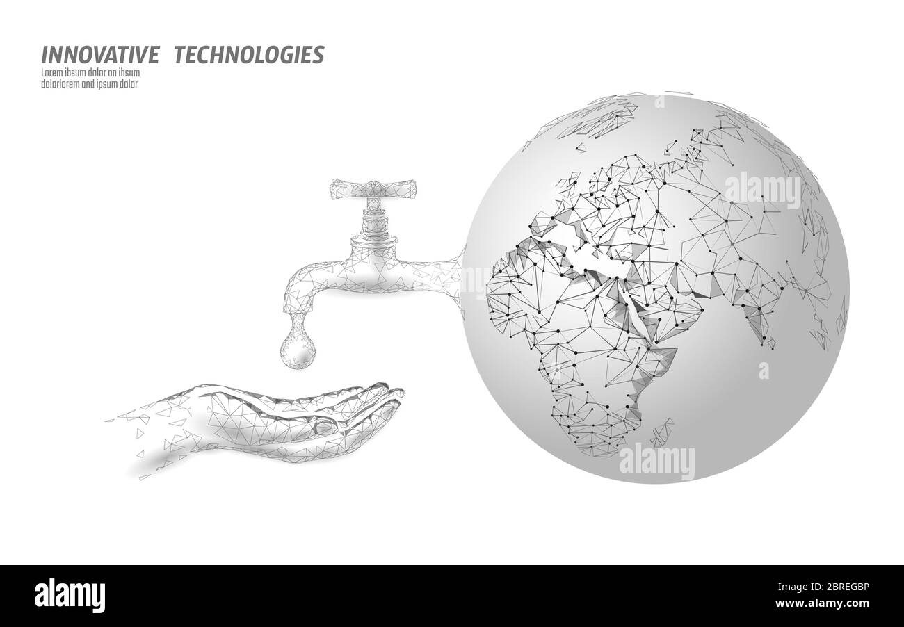 Risparmio di acqua a basso contenuto di poly Concept. Triangolo poligonale ecologia pianeta mare mare bandiera di sicurezza. Acqua acqua goccia perdita ripara natura globale ambiente cura mondo Illustrazione Vettoriale