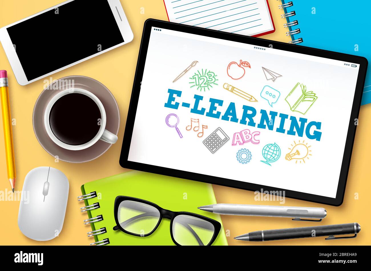 Modello vettoriale per i corsi online di e-learning. Testo di e-learning sullo schermo bianco del tablet con elementi scolastici per lo studio digitale Illustrazione Vettoriale