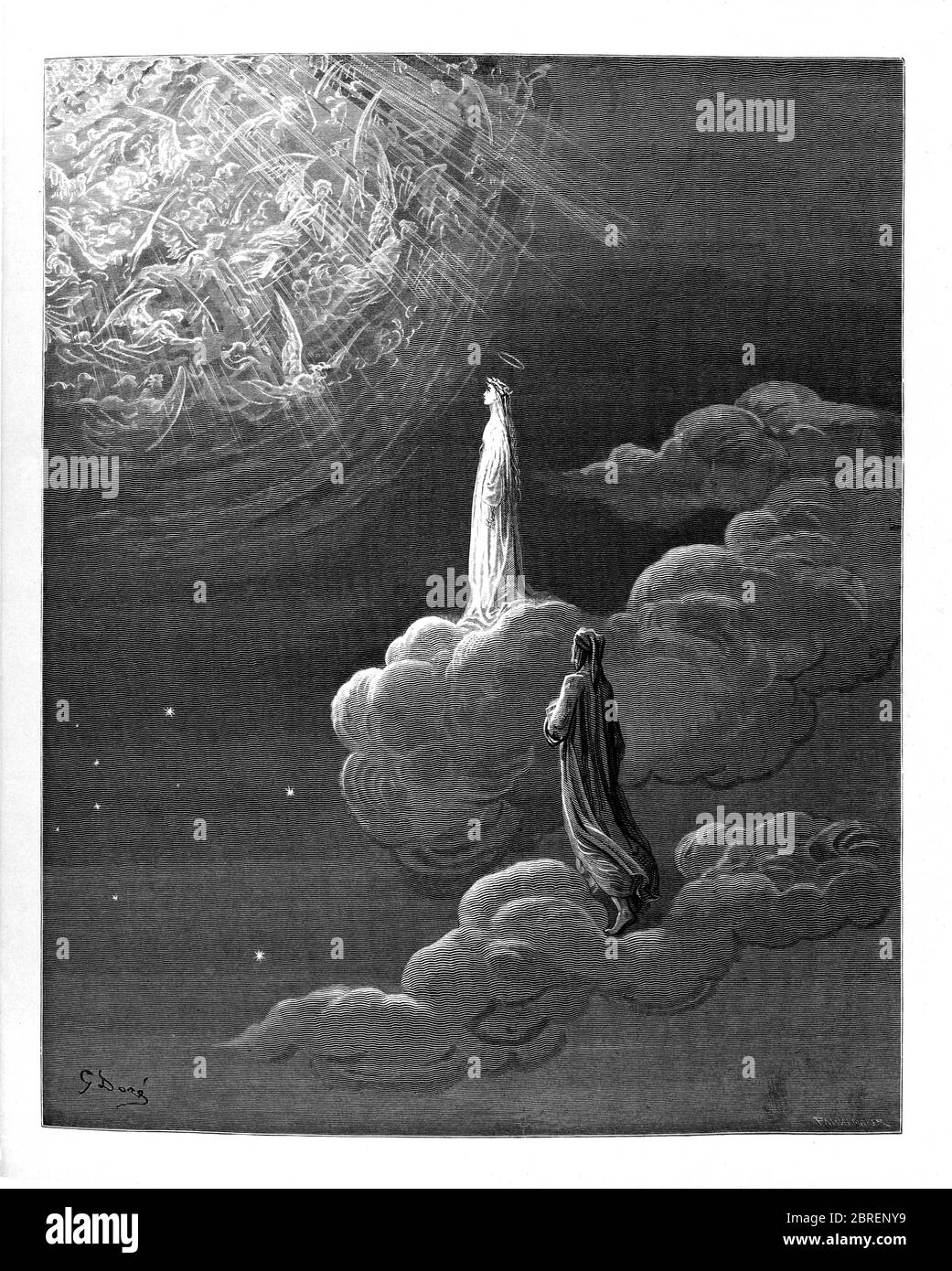 Il Paradiso è la terza e ultima parte della Divina Commedia di Dante, dopo l'Inferno e il Purgatorio. È un'allegoria che racconta il viaggio di Dante attraverso il Cielo, guidato da Beatrice, che simboleggia la teologia. Nel poema, il Paradiso è raffigurato come una serie di sfere concentriche che circondano la Terra, costituite dalla Luna, Mercurio, Venere, il Sole, Marte, Giove, Saturno, le Stelle fisse, il Primum Mobile e infine, l'Empireo. Fu scritto agli inizi del XIV secolo. Allegoricamente, il poema rappresenta l'ascesa dell'anima a Dio. Dalla Divina Commedia del XIV sec. Foto Stock