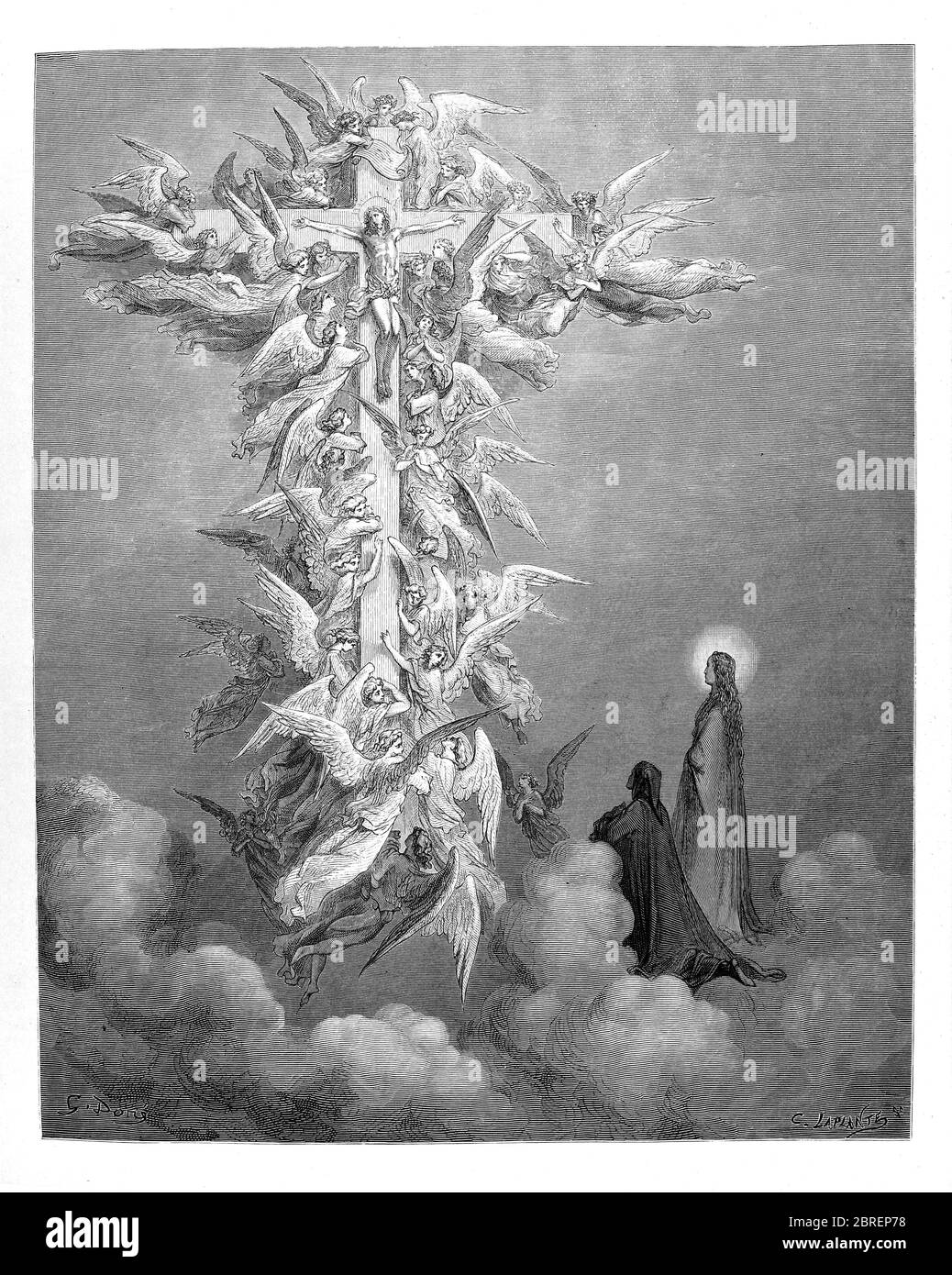 Il Paradiso è la terza e ultima parte della Divina Commedia di Dante, dopo l'Inferno e il Purgatorio. È un'allegoria che racconta il viaggio di Dante attraverso il Cielo, guidato da Beatrice, che simboleggia la teologia. Nel poema, il Paradiso è raffigurato come una serie di sfere concentriche che circondano la Terra, costituite dalla Luna, Mercurio, Venere, il Sole, Marte, Giove, Saturno, le Stelle fisse, il Primum Mobile e infine, l'Empireo. Fu scritto agli inizi del XIV secolo. Allegoricamente, il poema rappresenta l'ascesa dell'anima a Dio. Dalla Divina Commedia del XIV sec. Foto Stock Il Paradiso è la terza e ultima parte della Divina Commedia di Dante, dopo l'Inferno e il Purgatorio. È un'allegoria che racconta il viaggio di Dante attraverso il Cielo, guidato da Beatrice, che simboleggia la teologia. Nel poema, il Paradiso è raffigurato come una serie di sfere concentriche che circondano la Terra, costituite dalla Luna, Mercurio, Venere, il Sole, Marte, Giove, Saturno, le Stelle fisse, il Primum Mobile e infine, l'Empireo. Fu scritto agli inizi del XIV secolo. Allegoricamente, il poema rappresenta l'ascesa dell'anima a Dio. Dalla Divina Commedia del XIV sec. Foto Stock