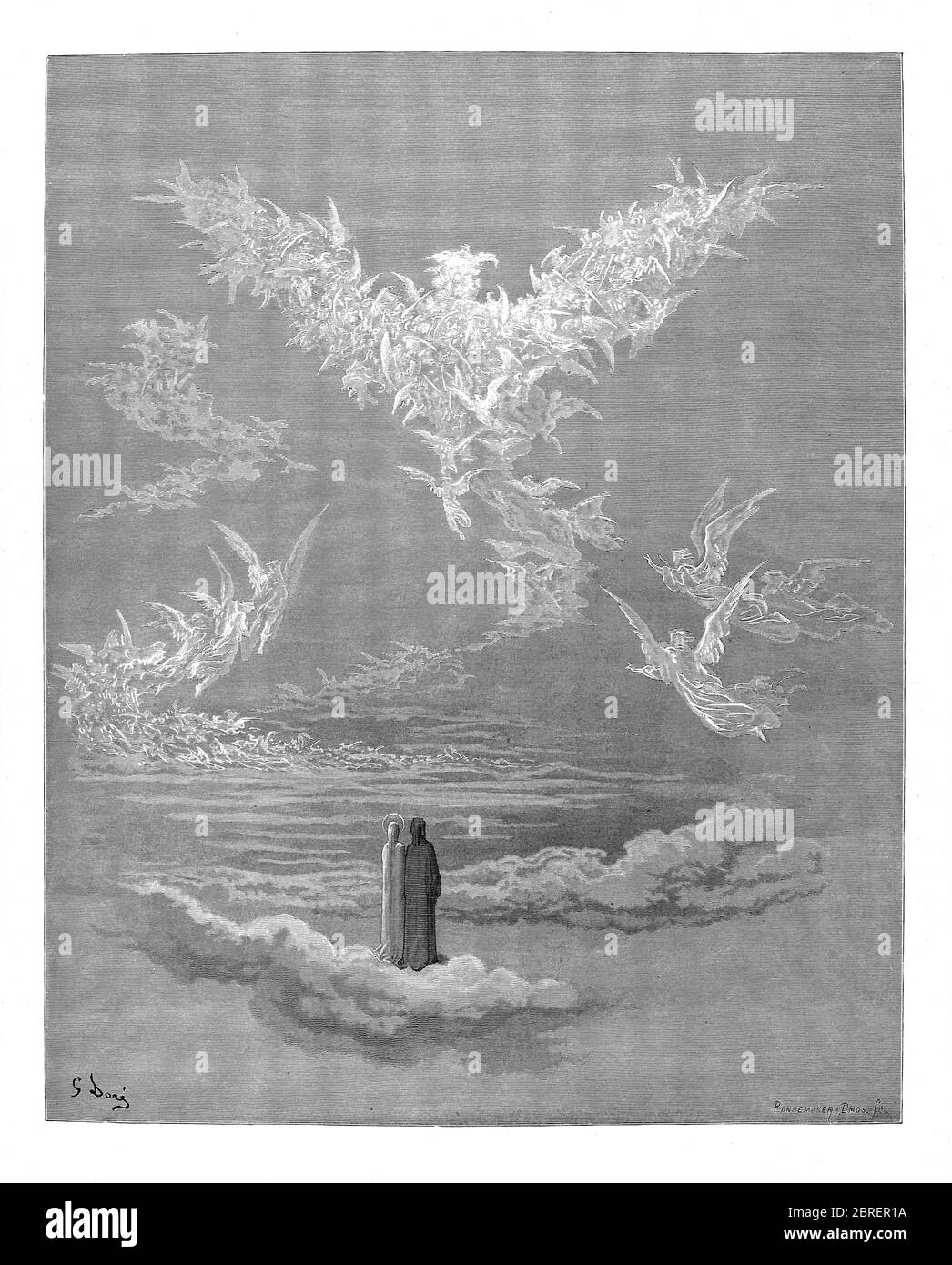 Il Paradiso è la terza e ultima parte della Divina Commedia di Dante, dopo l'Inferno e il Purgatorio. È un'allegoria che racconta il viaggio di Dante attraverso il Cielo, guidato da Beatrice, che simboleggia la teologia. Nel poema, il Paradiso è raffigurato come una serie di sfere concentriche che circondano la Terra, costituite dalla Luna, Mercurio, Venere, il Sole, Marte, Giove, Saturno, le Stelle fisse, il Primum Mobile e infine, l'Empireo. Fu scritto agli inizi del XIV secolo. Allegoricamente, il poema rappresenta l'ascesa dell'anima a Dio. Dalla Divina Commedia del XIV sec. Foto Stock Il Paradiso è la terza e ultima parte della Divina Commedia di Dante, dopo l'Inferno e il Purgatorio. È un'allegoria che racconta il viaggio di Dante attraverso il Cielo, guidato da Beatrice, che simboleggia la teologia. Nel poema, il Paradiso è raffigurato come una serie di sfere concentriche che circondano la Terra, costituite dalla Luna, Mercurio, Venere, il Sole, Marte, Giove, Saturno, le Stelle fisse, il Primum Mobile e infine, l'Empireo. Fu scritto agli inizi del XIV secolo. Allegoricamente, il poema rappresenta l'ascesa dell'anima a Dio. Dalla Divina Commedia del XIV sec. Foto Stock