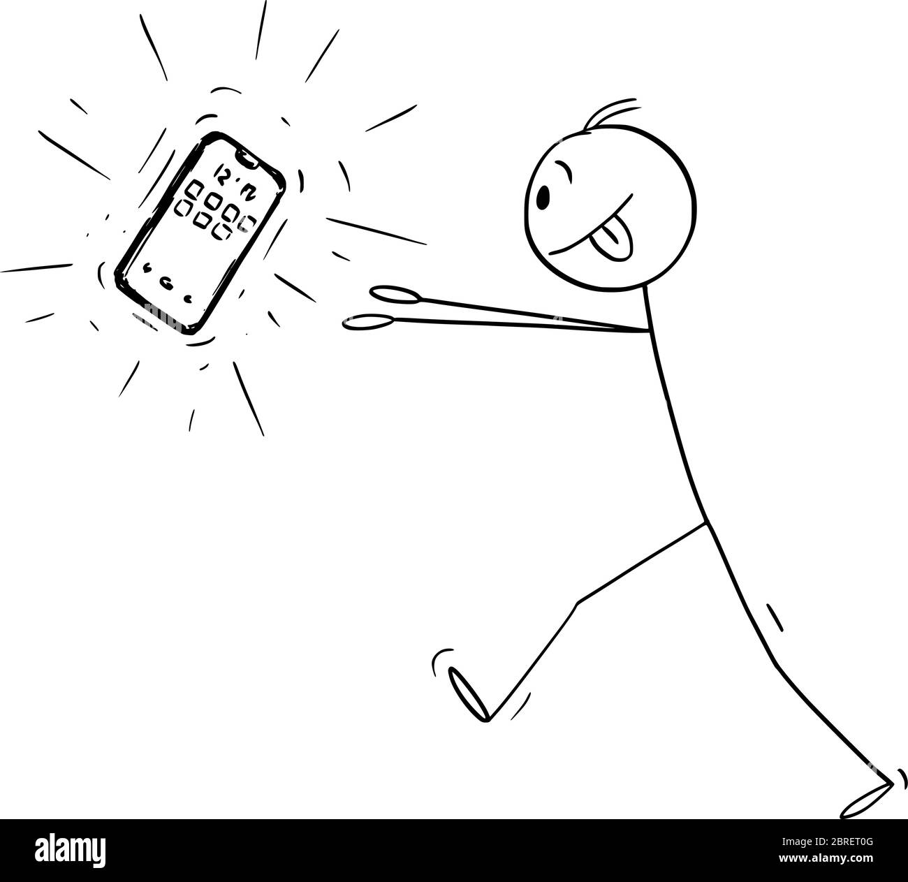 Grafico vettoriale del cartoon disegno illustrazione concettuale di un uomo addicted che prova ad ottenere il nuovo telefono o telefono cellulare o smartphone. Illustrazione Vettoriale