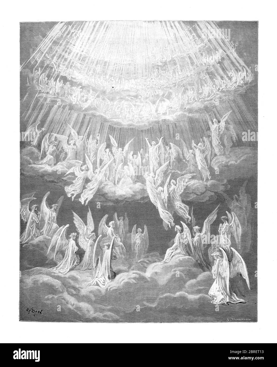 Il Paradiso è la terza e ultima parte della Divina Commedia di Dante, dopo l'Inferno e il Purgatorio. È un'allegoria che racconta il viaggio di Dante attraverso il Cielo, guidato da Beatrice, che simboleggia la teologia. Nel poema, il Paradiso è raffigurato come una serie di sfere concentriche che circondano la Terra, costituite dalla Luna, Mercurio, Venere, il Sole, Marte, Giove, Saturno, le Stelle fisse, il Primum Mobile e infine, l'Empireo. Fu scritto agli inizi del XIV secolo. Allegoricamente, il poema rappresenta l'ascesa dell'anima a Dio. Dalla Divina Commedia del XIV sec. Foto Stock Il Paradiso è la terza e ultima parte della Divina Commedia di Dante, dopo l'Inferno e il Purgatorio. È un'allegoria che racconta il viaggio di Dante attraverso il Cielo, guidato da Beatrice, che simboleggia la teologia. Nel poema, il Paradiso è raffigurato come una serie di sfere concentriche che circondano la Terra, costituite dalla Luna, Mercurio, Venere, il Sole, Marte, Giove, Saturno, le Stelle fisse, il Primum Mobile e infine, l'Empireo. Fu scritto agli inizi del XIV secolo. Allegoricamente, il poema rappresenta l'ascesa dell'anima a Dio. Dalla Divina Commedia del XIV sec. Foto Stock