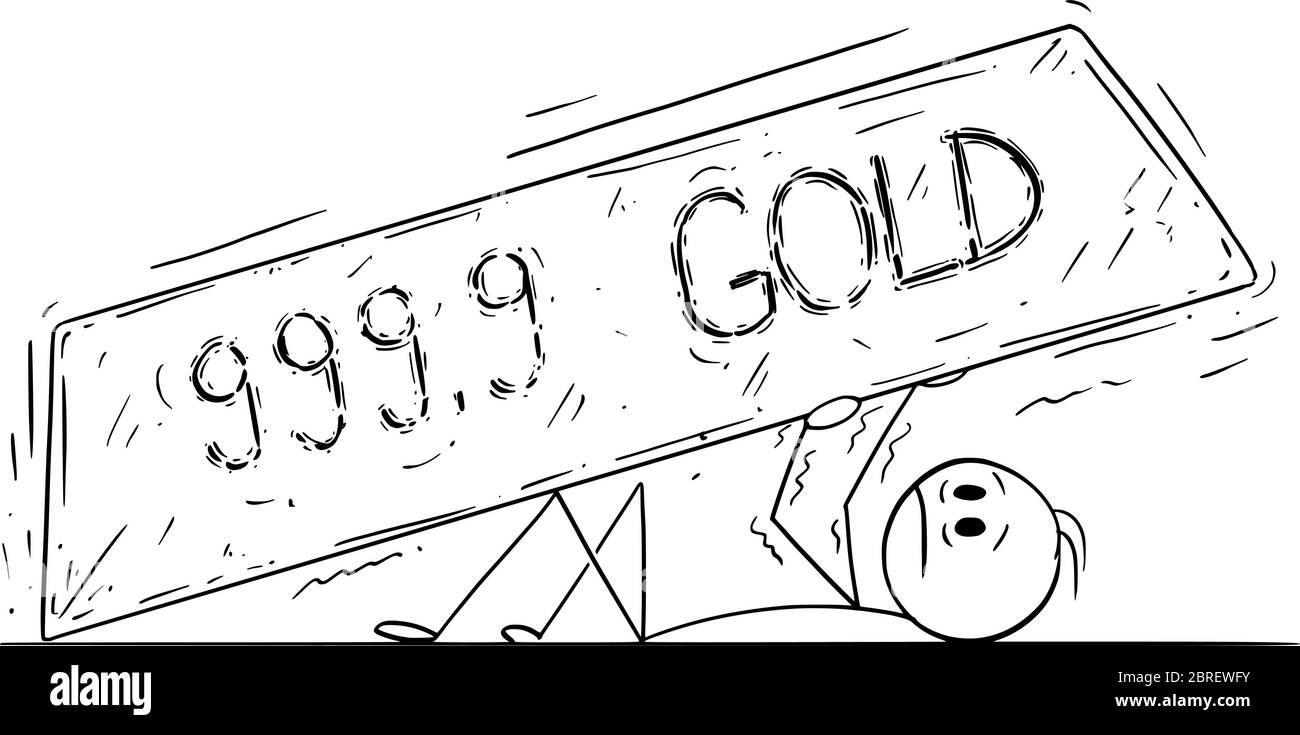 Grafico vettoriale del cartoon disegno di illustrazione concettuale di uomo, investitore di borsa o uomo d'affari schiacciato sotto la barra d'oro o lingotto. Illustrazione Vettoriale