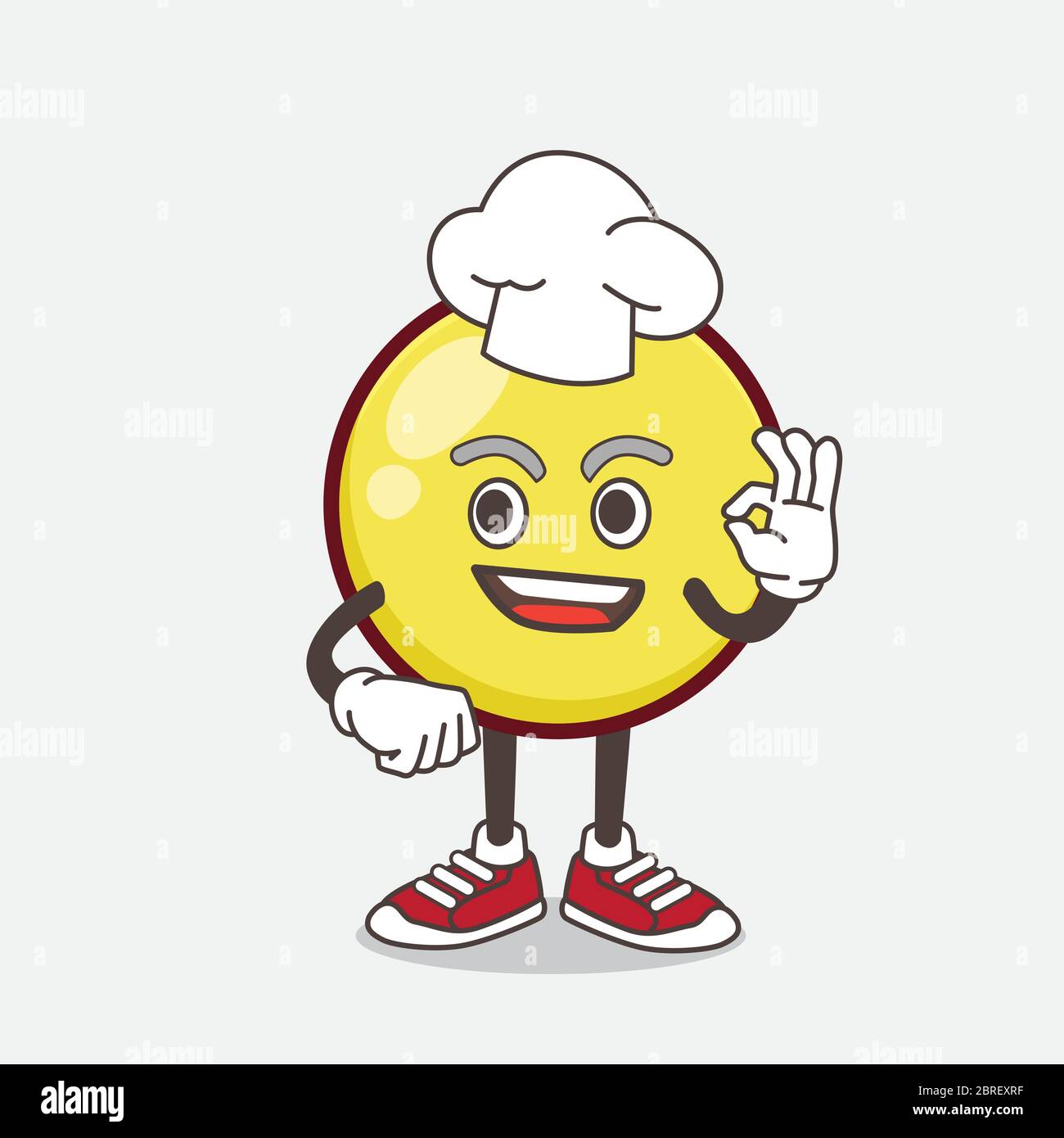 Un'illustrazione del carattere mascotte cartoon Yellow Ball Emoticon in un abito chef e cappello bianco Illustrazione Vettoriale