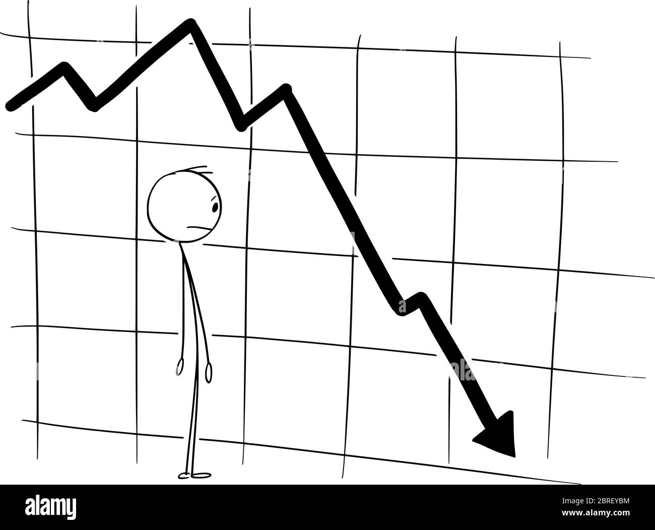 Grafico vettoriale del cartoon disegno di illustrazione concettuale di investitore di mercato azionario o imprenditore che guarda grafico finanziario in calo. Concetto di depressione, recessione e crisi. Illustrazione Vettoriale