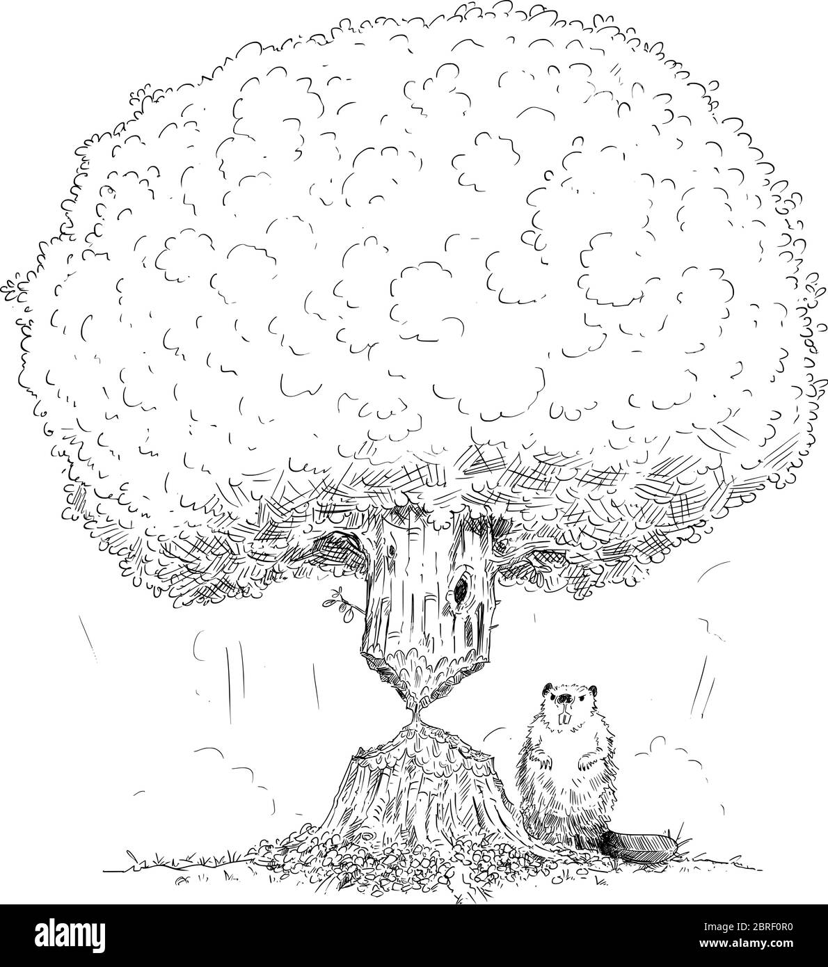 Disegno vettoriale cartoon illustrazione concettuale di albero indebolito da castoro. Concetto di problema economico o finanziario o crisi finanziaria. Illustrazione della fauna selvatica. Illustrazione Vettoriale