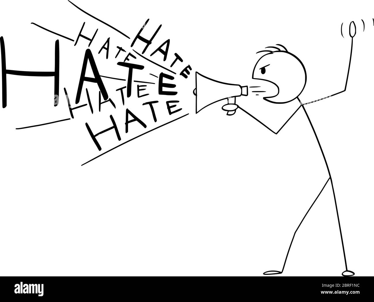 Figura vettoriale del cartone disegnando illustrazione concettuale dell'uomo o del politico che usa un altoparlante o un megafono per diffondere l'odio o la propaganda. Illustrazione Vettoriale