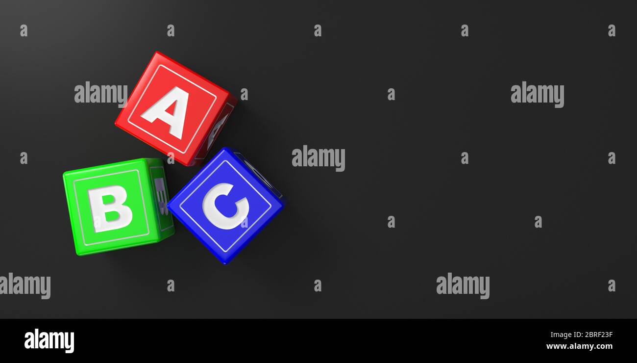 Blocchi giocattolo ABC o cubi con colori rosso, verde e blu Foto Stock