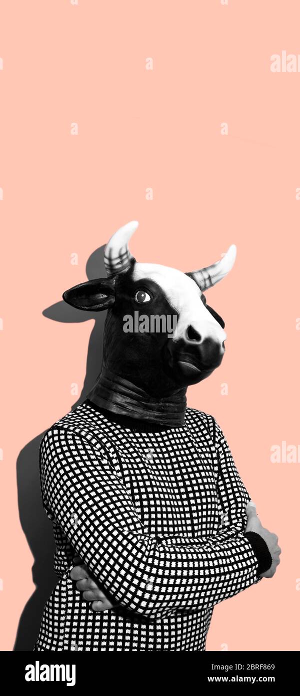 ritratto di un giovane uomo che indossa una maschera di vacca in bianco e nero su uno sfondo rosa con uno spazio vuoto in alto, in formato verticale da utilizzare per i dispositivi mobili Foto Stock