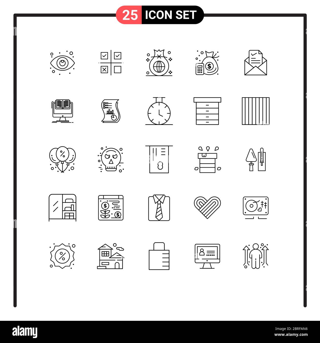 Gruppo di 25 linee segni e simboli per denaro, finanza, produzione, contabilità, elementi globali di disegno vettoriale editabili Illustrazione Vettoriale