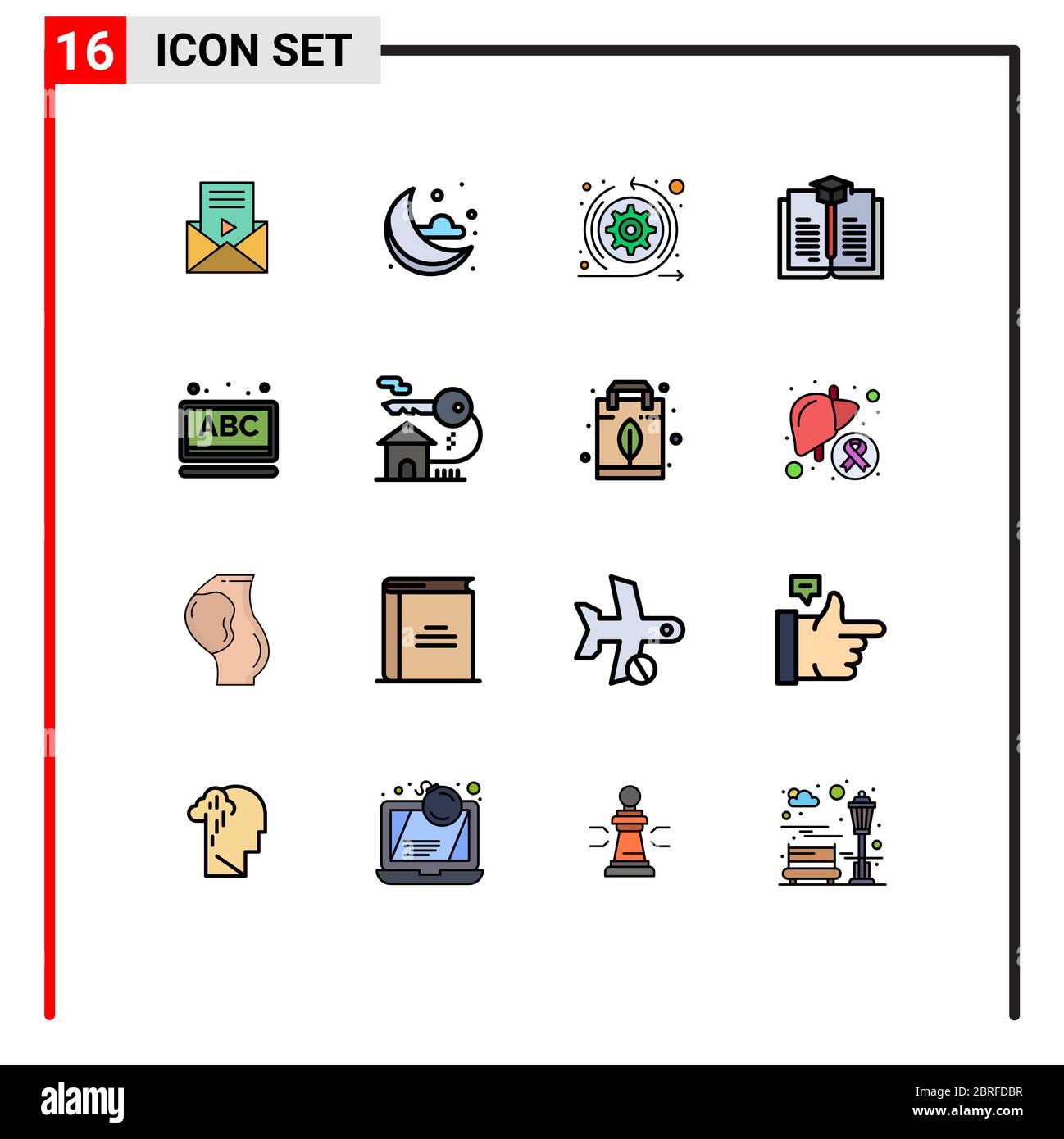 Universal Icon Symbols Group di 16 linee moderne Flat Color piene di scuola, apprendimento, frecce, abc, libro Editable Creative Vector Design Elements Illustrazione Vettoriale