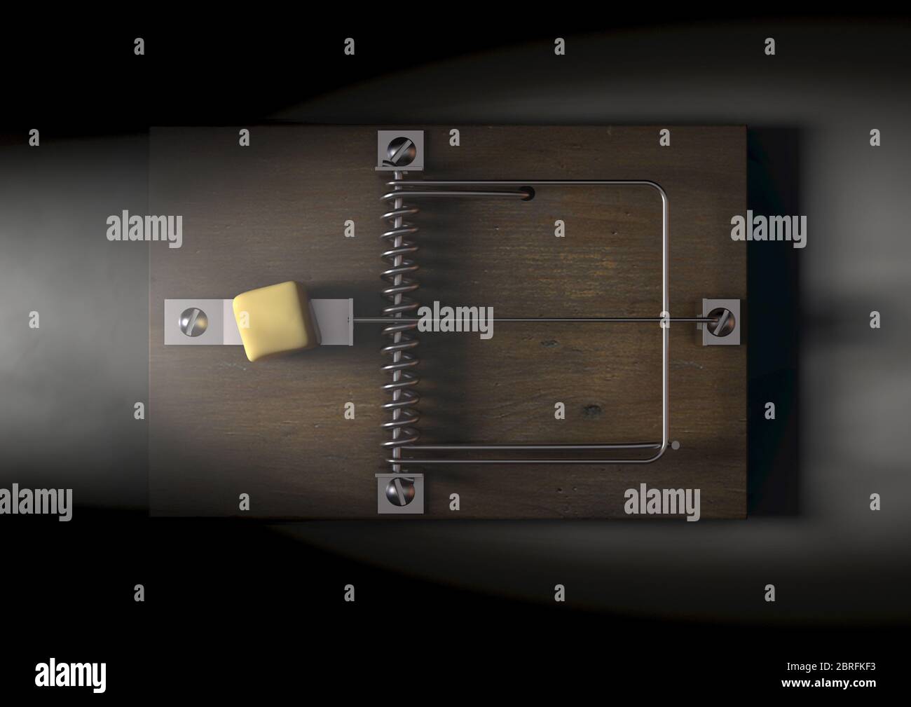 Un mousetrap regolare di legno e metallo baginato con un blocco di formaggio su uno sfondo scuro spot - rendering 3D Foto Stock