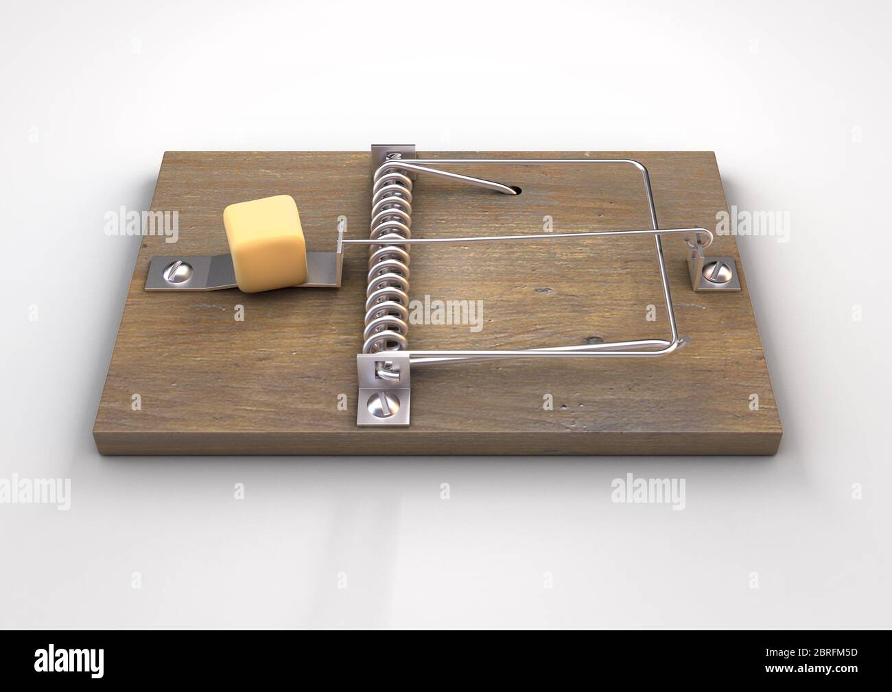 Un mousetrap regolare di legno e metallo baginato con un blocco di formaggio su uno sfondo bianco isolato studio - rendering 3D Foto Stock