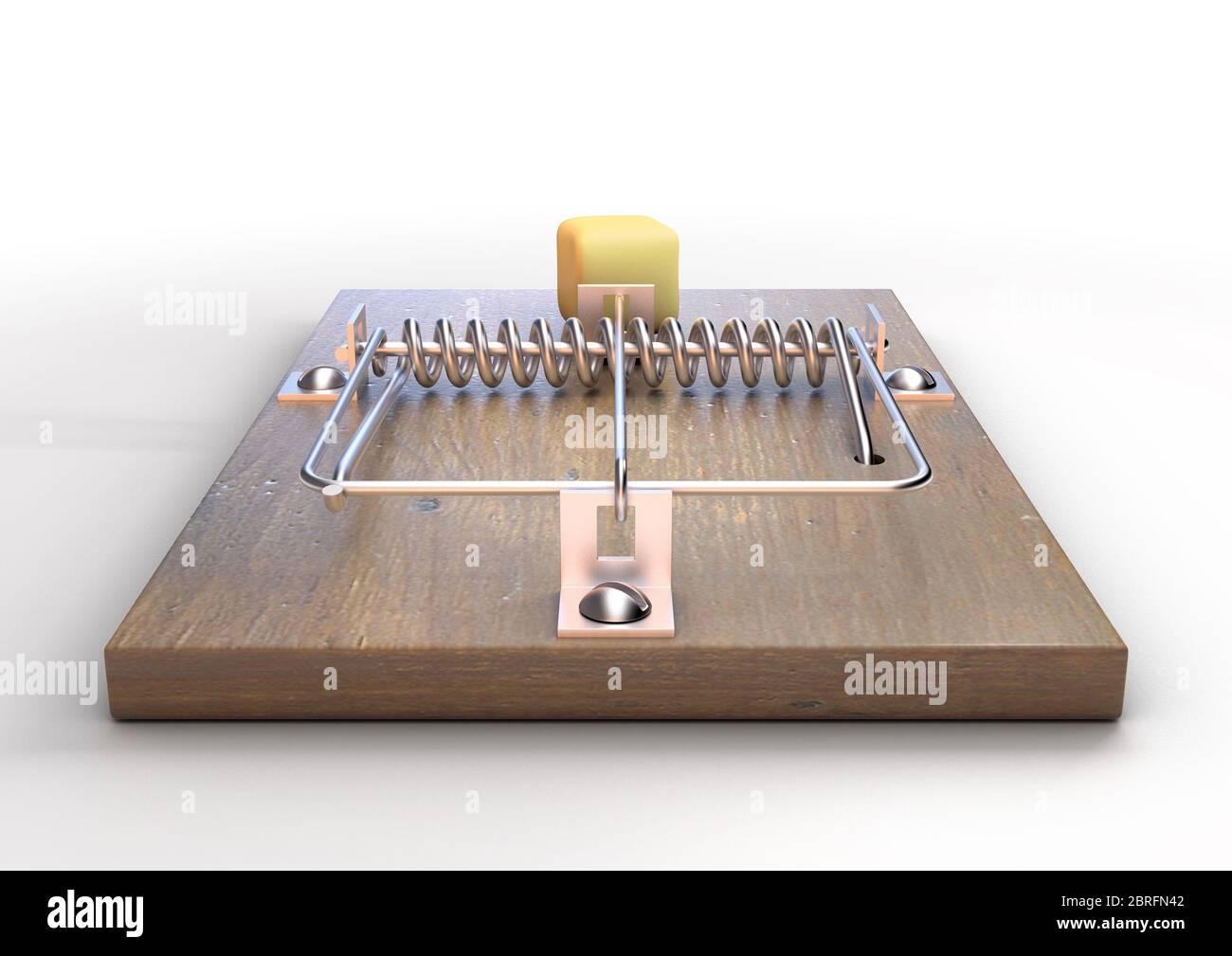 Un mousetrap regolare di legno e metallo baginato con un blocco di formaggio su uno sfondo bianco isolato studio - rendering 3D Foto Stock