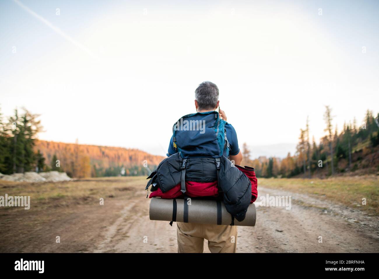 Vista posteriore dell'uomo con zaino che va a piedi, utilizzando smartphone  Foto stock - Alamy