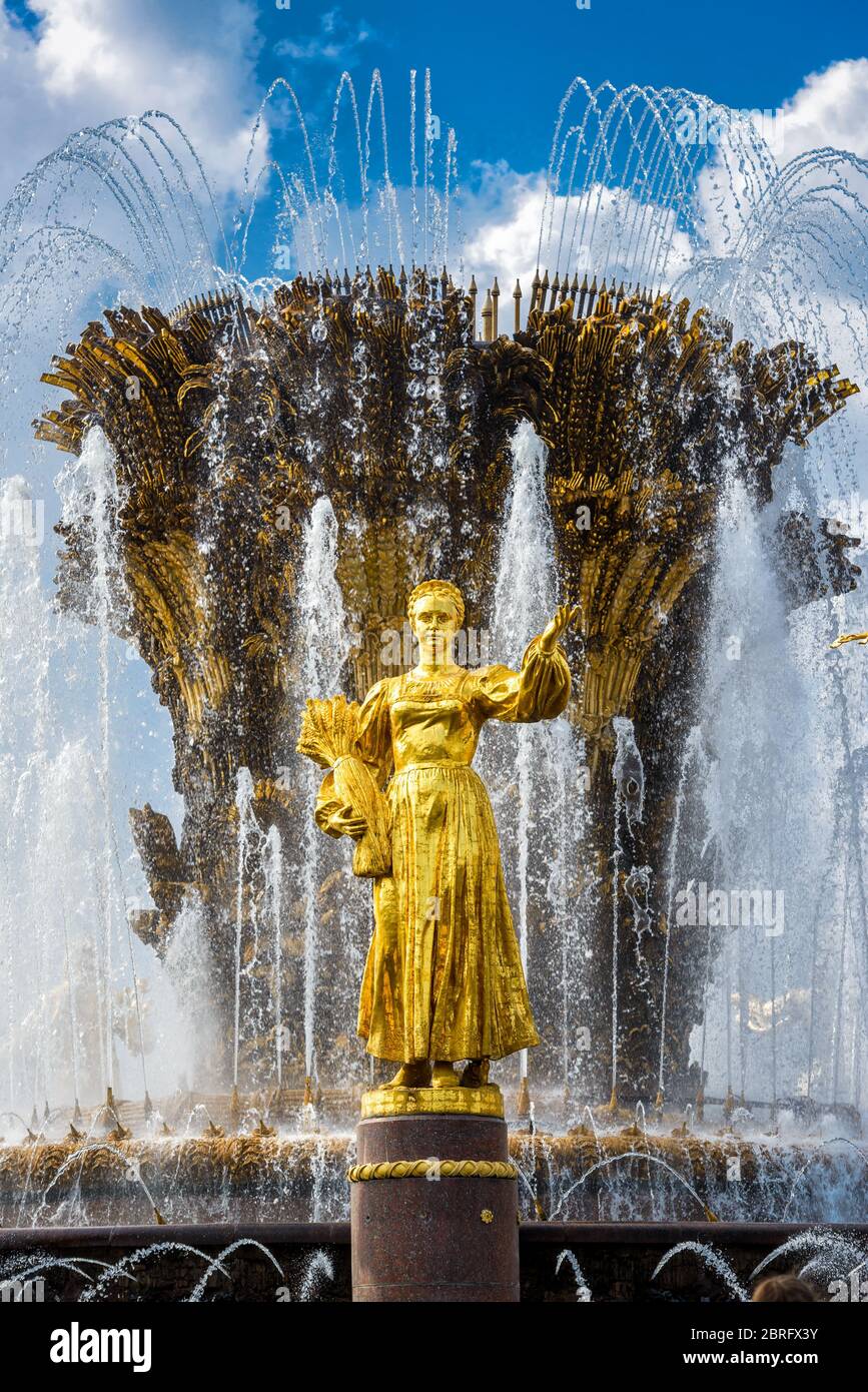 Particolare della Fontana dell'amicizia popolare nel Centro Espositivo All-Russia (VDNKh). Fu costruito negli anni '50. 16 sculture dorate rappresentano repubbliche o Foto Stock