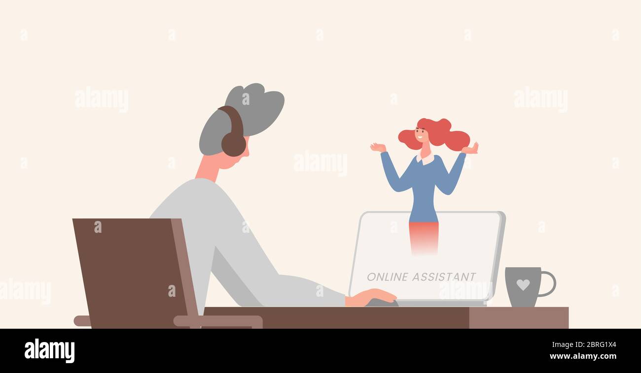 Illustrazione piatta dell'assistente online. Giovane seduto al tavolo davanti al computer con un auricolare sulla testa. Supporto, freelance, ufficio virtuale o carattere cartoon outsourcing. Illustrazione Vettoriale