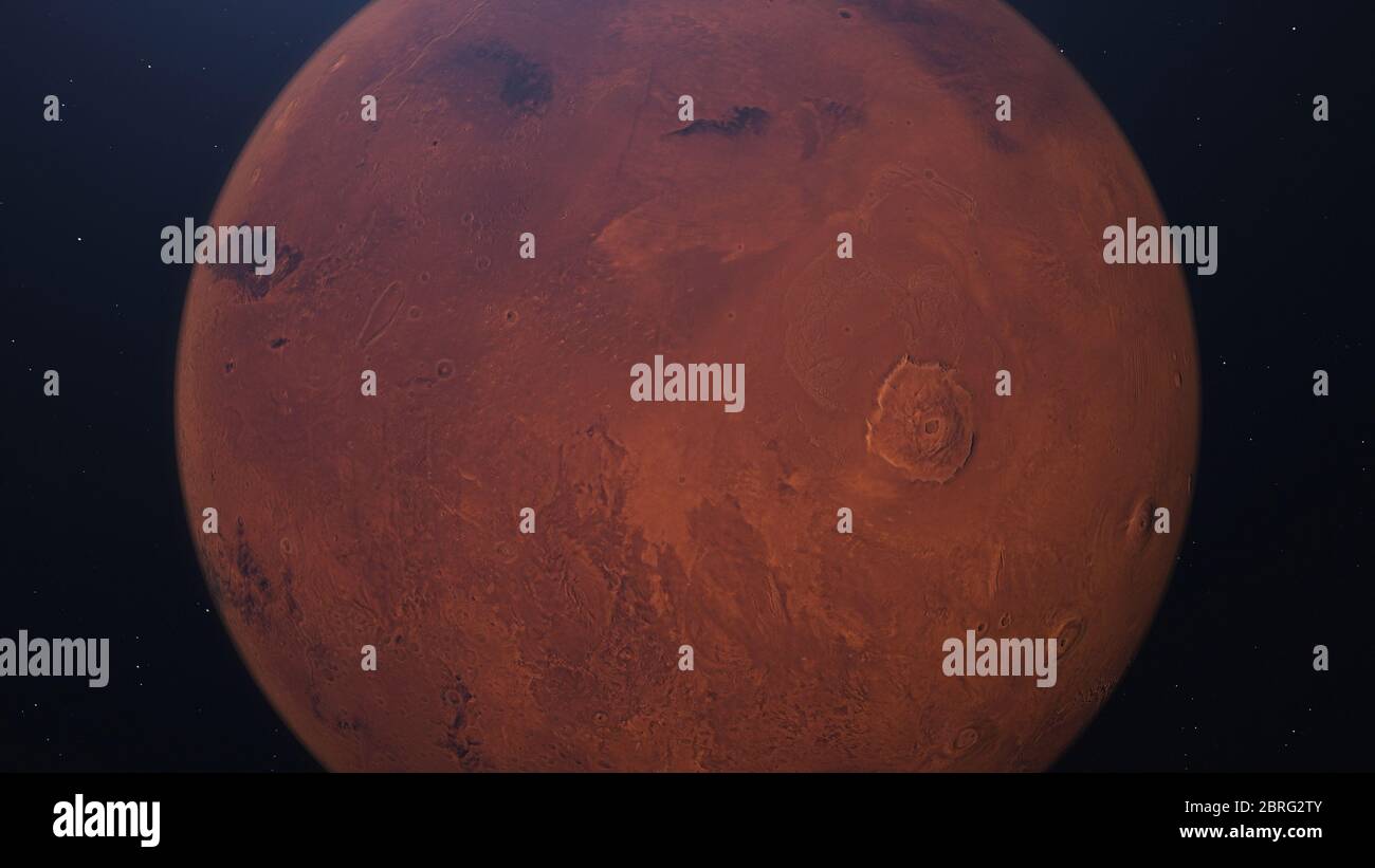 Rendering 3D dell'orbita marziana. Marte nello spazio con crateri illuminati e montagne marziane. Elementi di questa immagine forniti dalla NASA Foto Stock