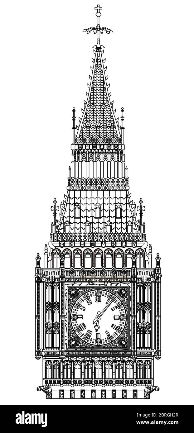 Una illustrazione dettagliata del Big Ben orologio e tetto. Foto Stock