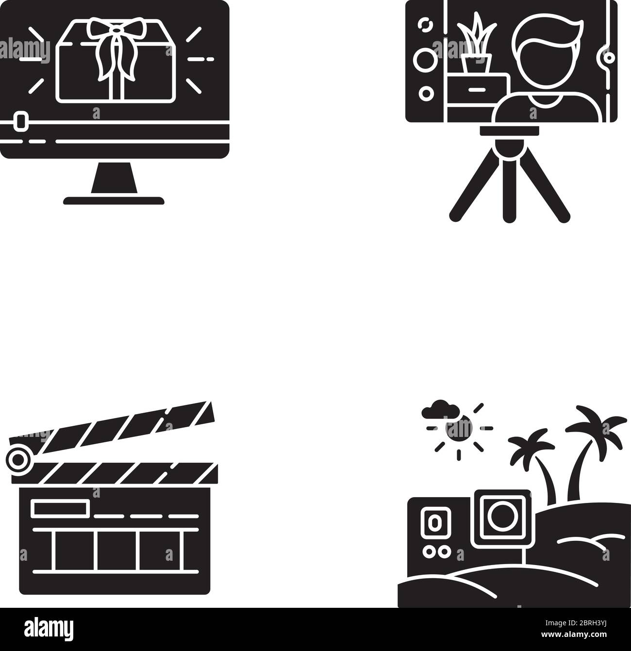 Filmmaking e Internet blogging glyph nero icone impostato su spazio bianco Illustrazione Vettoriale